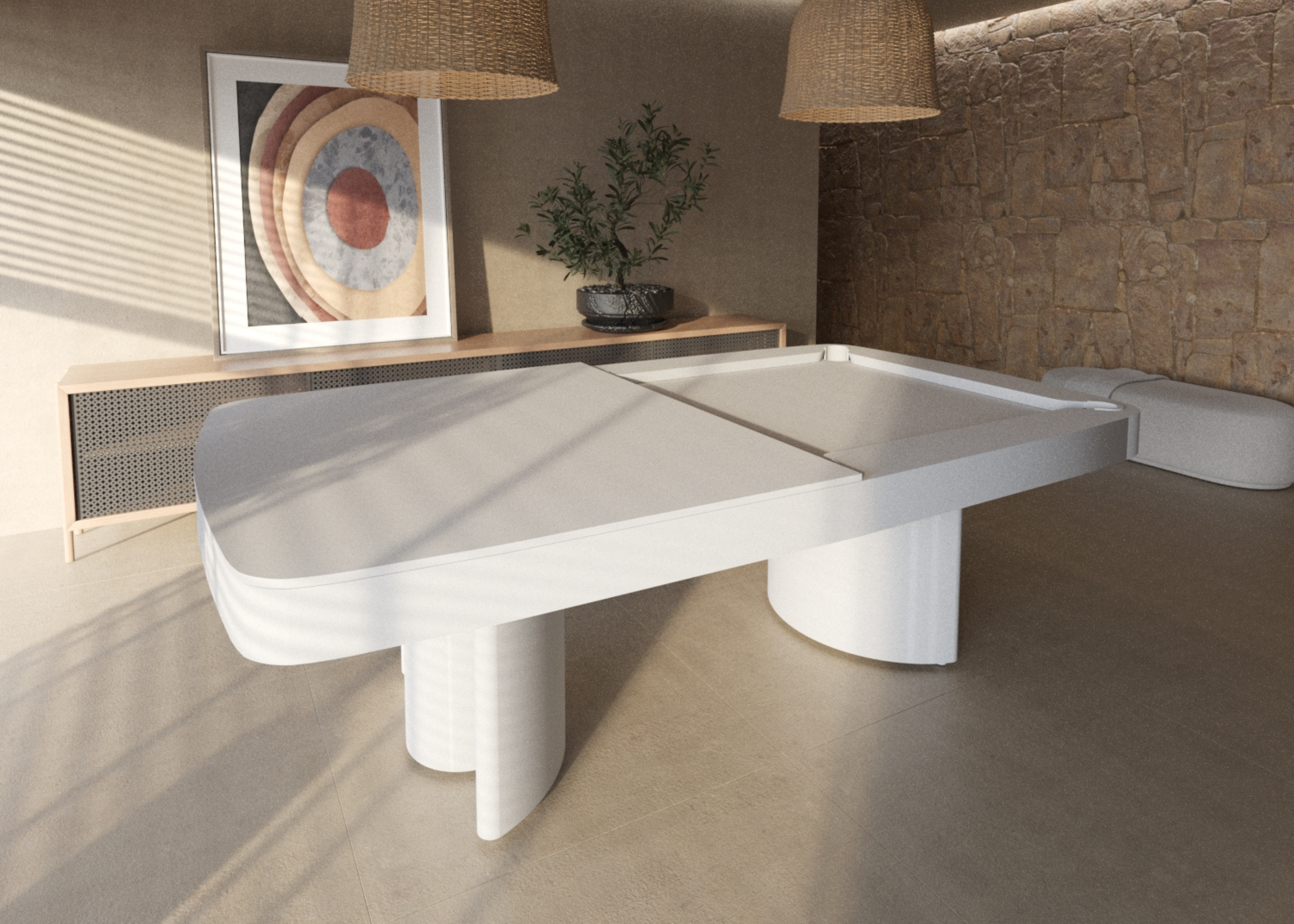 Transforma a sua sala com a mesa Master, uma peça robusta que oferece tanto uma experiência de jogo premium quanto um jantar refinado.