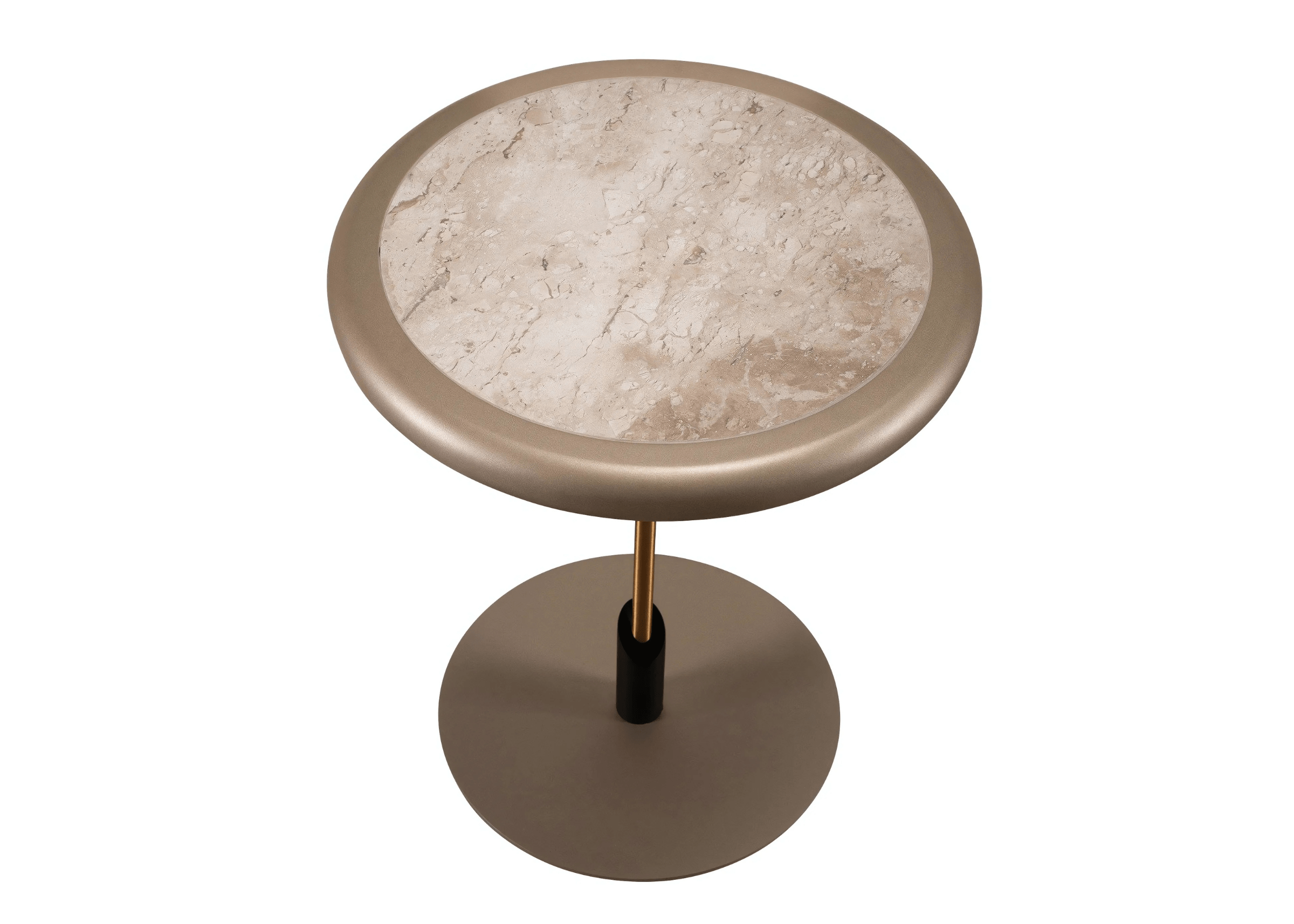 Mesa de apoio Eron com tampo redondo em mármore travertino com detalhe da borda em MDF arredondada.