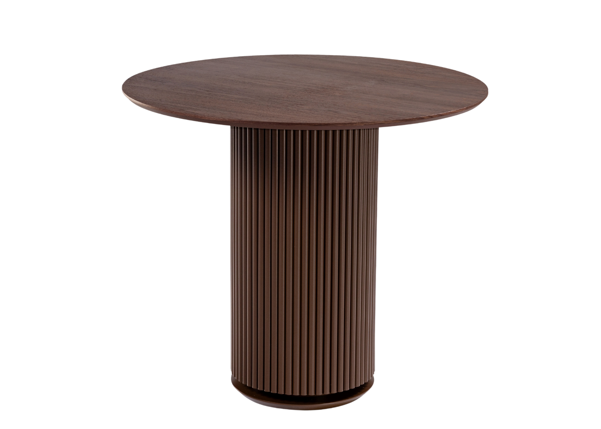 Mesa de Apoio Marga com tampo em madeira e revestimento ripado em MDF laqueado, design moderno e sofisticado.