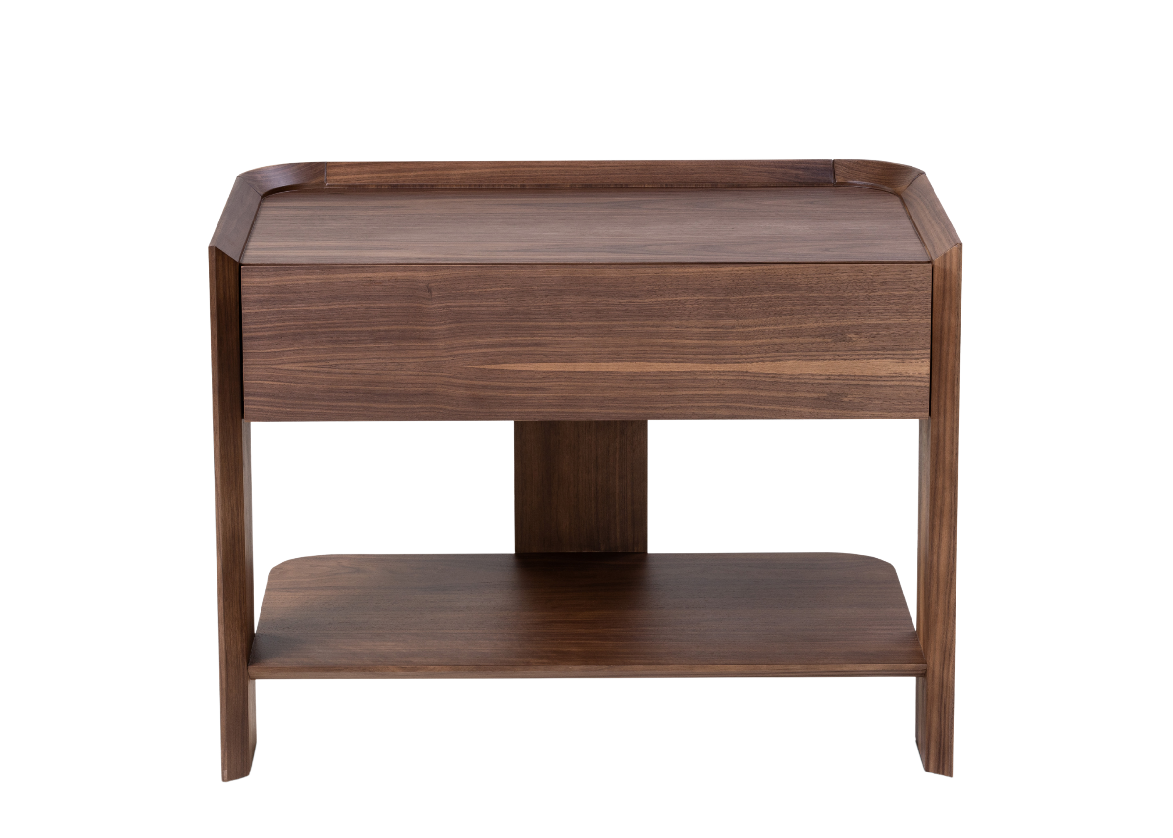 Mesa de Cabeceira Flat laminado nogueira com gaveta discreta e nicho inferior para quartos contemporâneos.