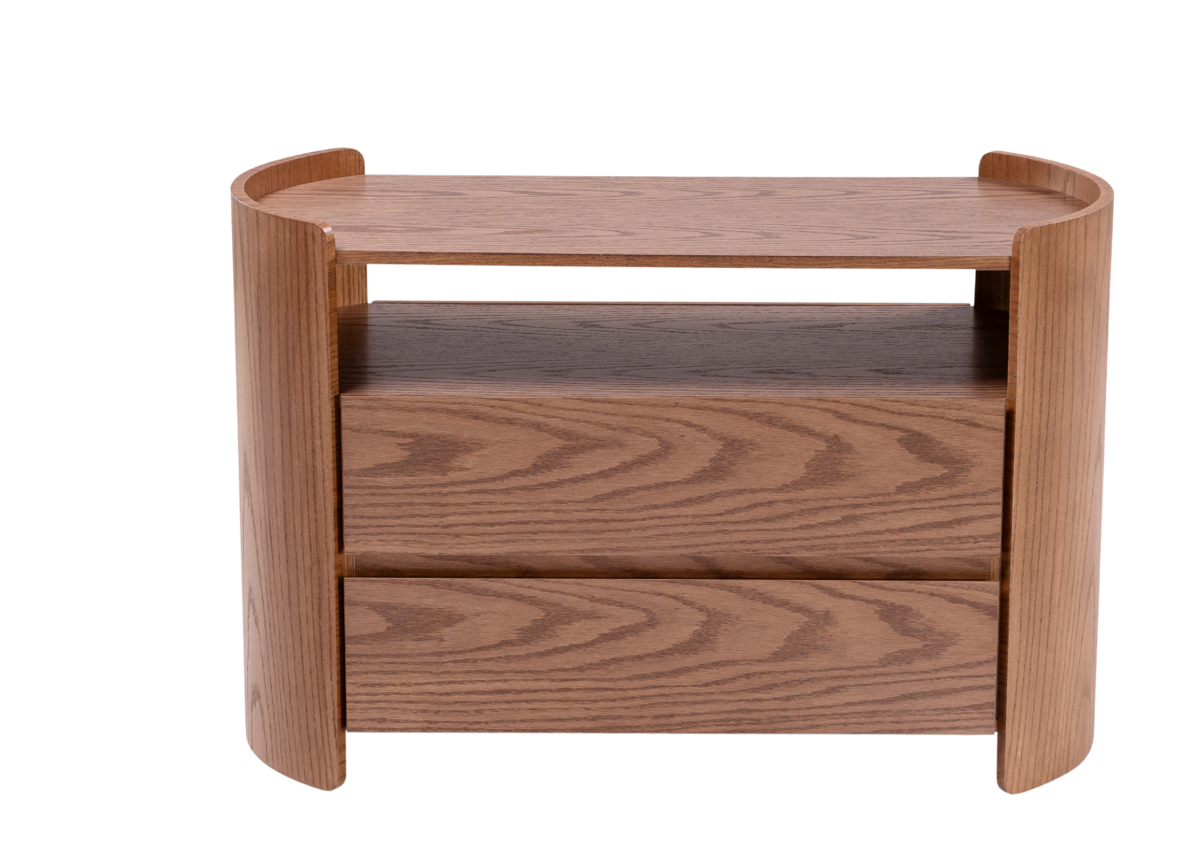 Mesa de Cabeceira Lotus com design orgânico, acabamento em madeira e visual contemporâneo elegante.