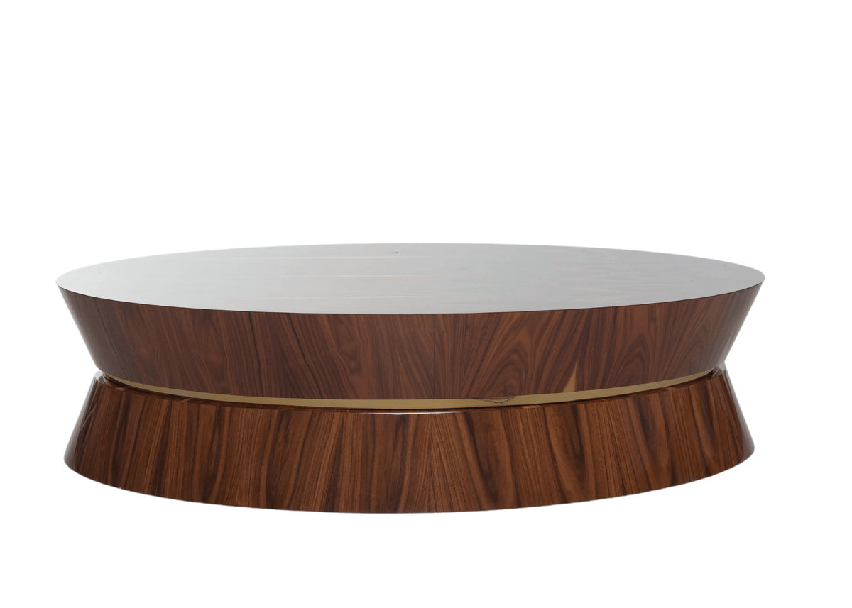 Mesa de Centro Ambar com acabamento em lâmina de madeira e detalhe metálico.