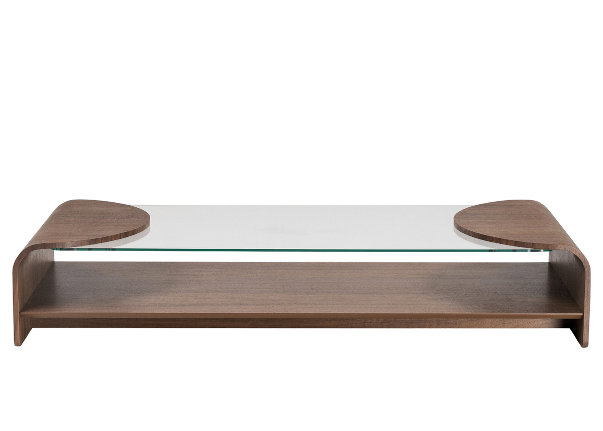 Mesa de Centro Arven com base em lâmina de madeira e tampo de vidro incolor, peça elegante para ambientes contemporâneos.
