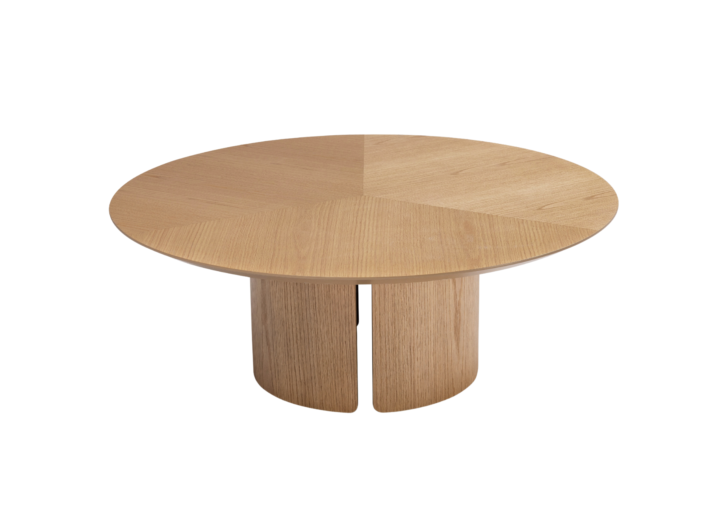 Mesa de Centro Áurea com acabamento amadeirado em MDF laminado, bases cilíndricas e estilo contemporâneo para ambientes refinados.