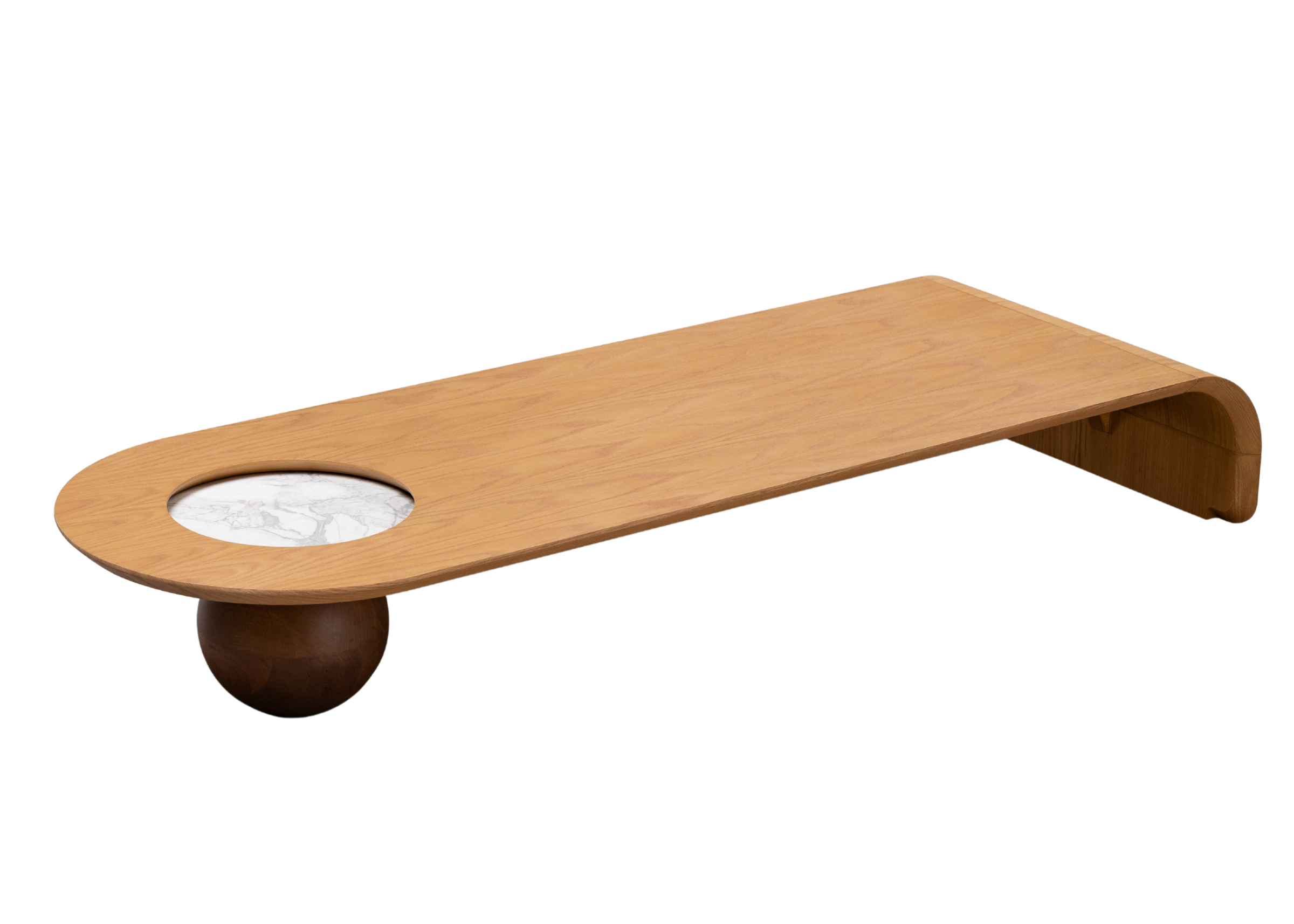 Mesa de Centro Flat em lâmina de madeira natural com detalhe circular em TS marmorizado e design contemporâneo sofisticado.
