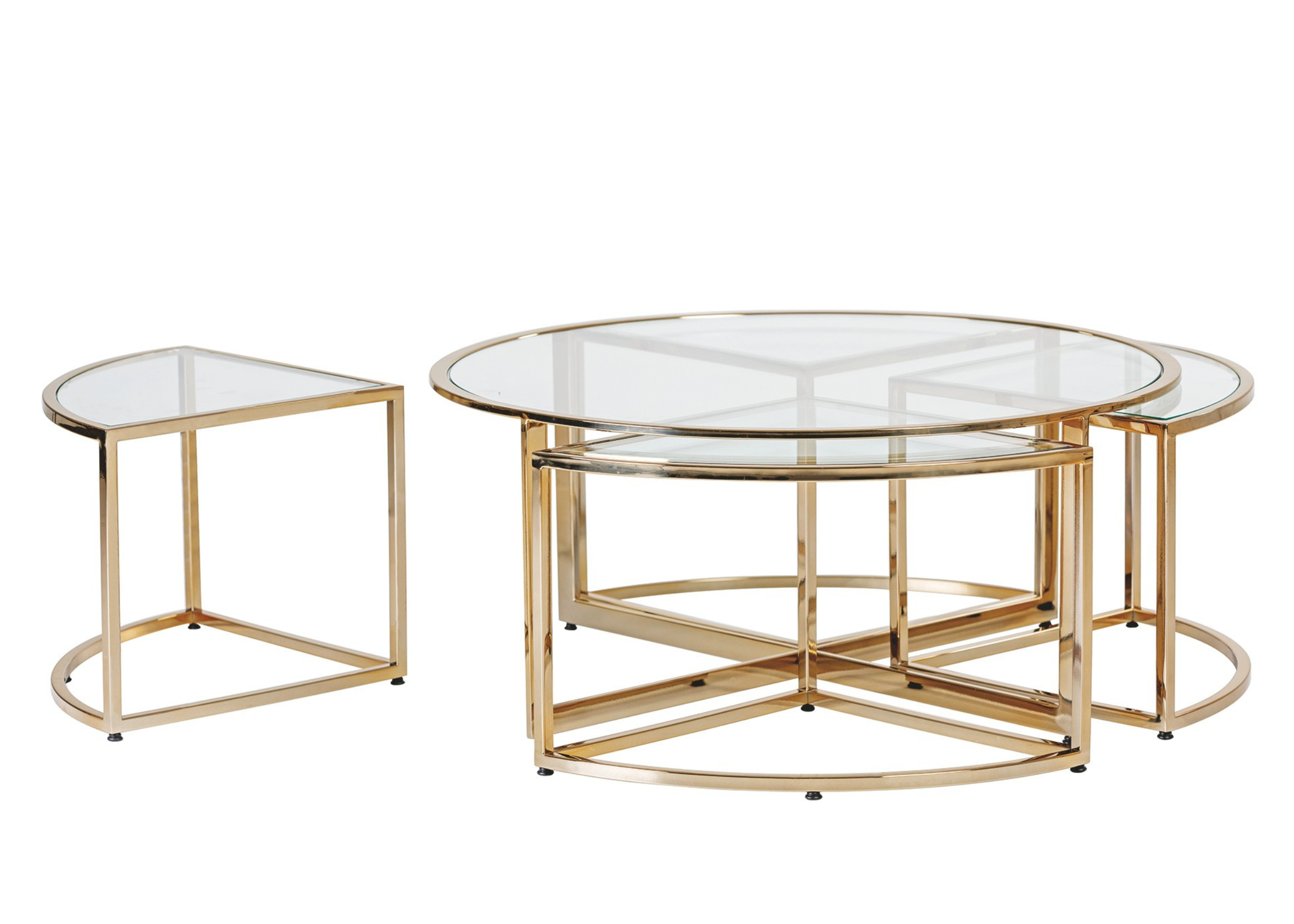 Mesa de Centro Linus com estrutura metálica dourada e tampos em vidro incolor, destacando design modular contemporâneo.