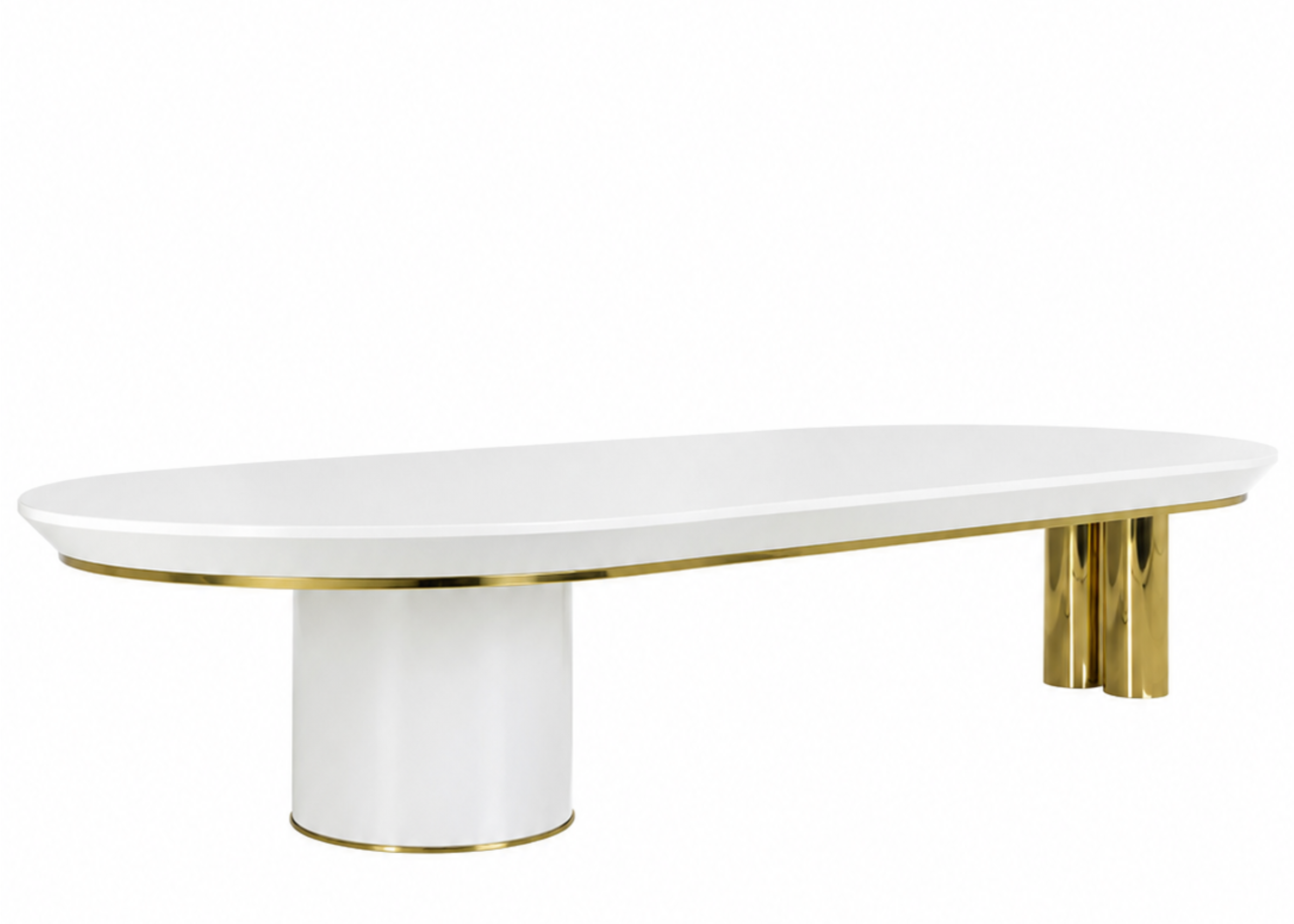 Mesa de Centro Lizzie com tampo laqueado, base em madeira pintada e detalhes em aço inox, ideal para salas contemporâneas.