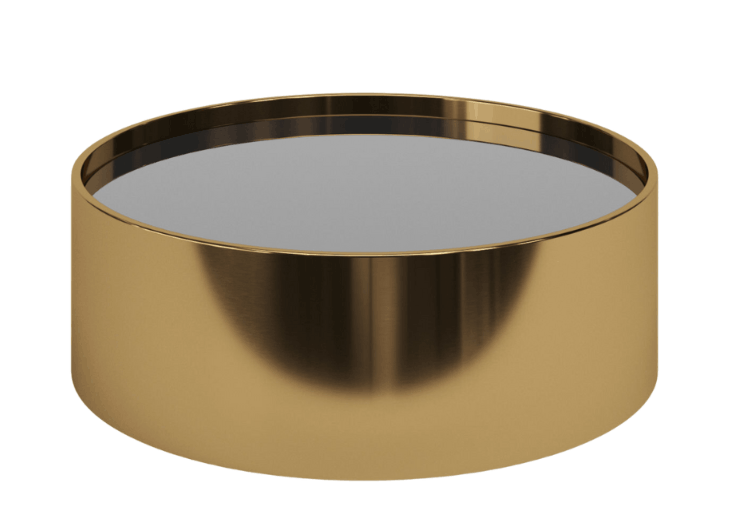 Mesa de centro Lys com tampo em MDF e vidro laqueado, destacando o arco de aço inox elegante.