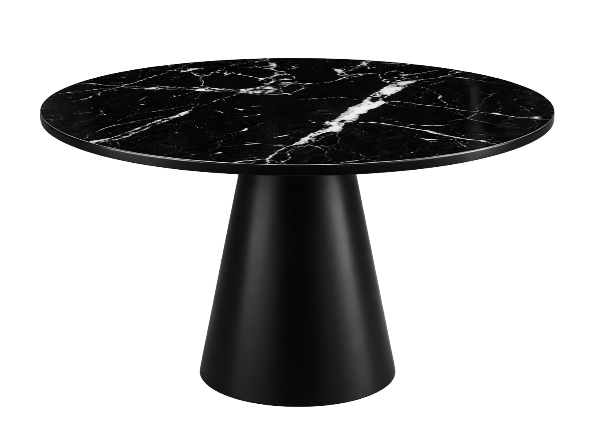 Detalhe da mesa de jantar Cone com tampo em vidro e base moderna, destacando elegância e durabilidade.
