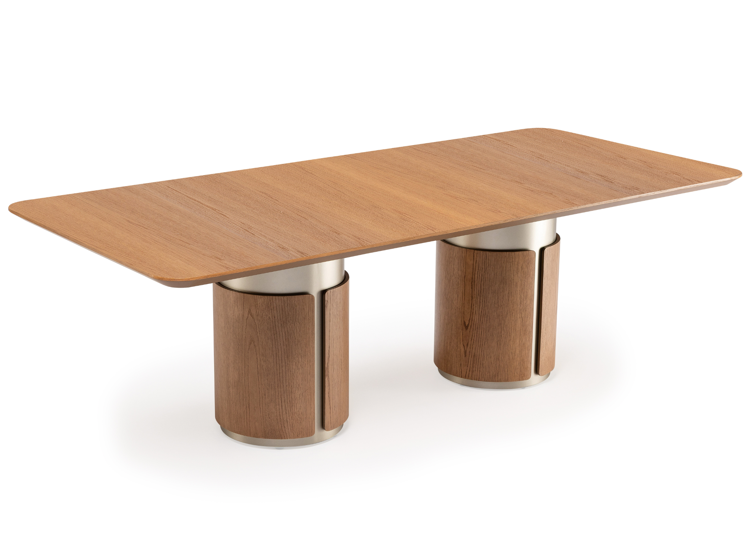 Mesa de Jantar Cylen com tampo retangular em lâmina de madeira e base cilíndrica moderna com acabamento sofisticado.