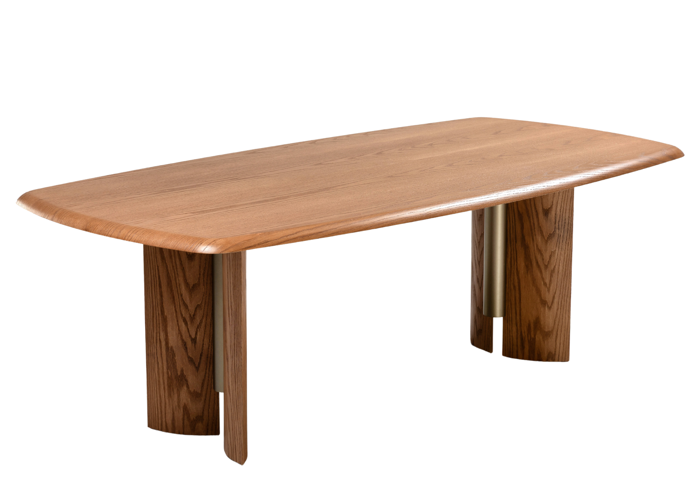 Mesa de Jantar Doha com tampo em lâmina de madeira e base com detalhe metalizado, design contemporâneo e sofisticado.