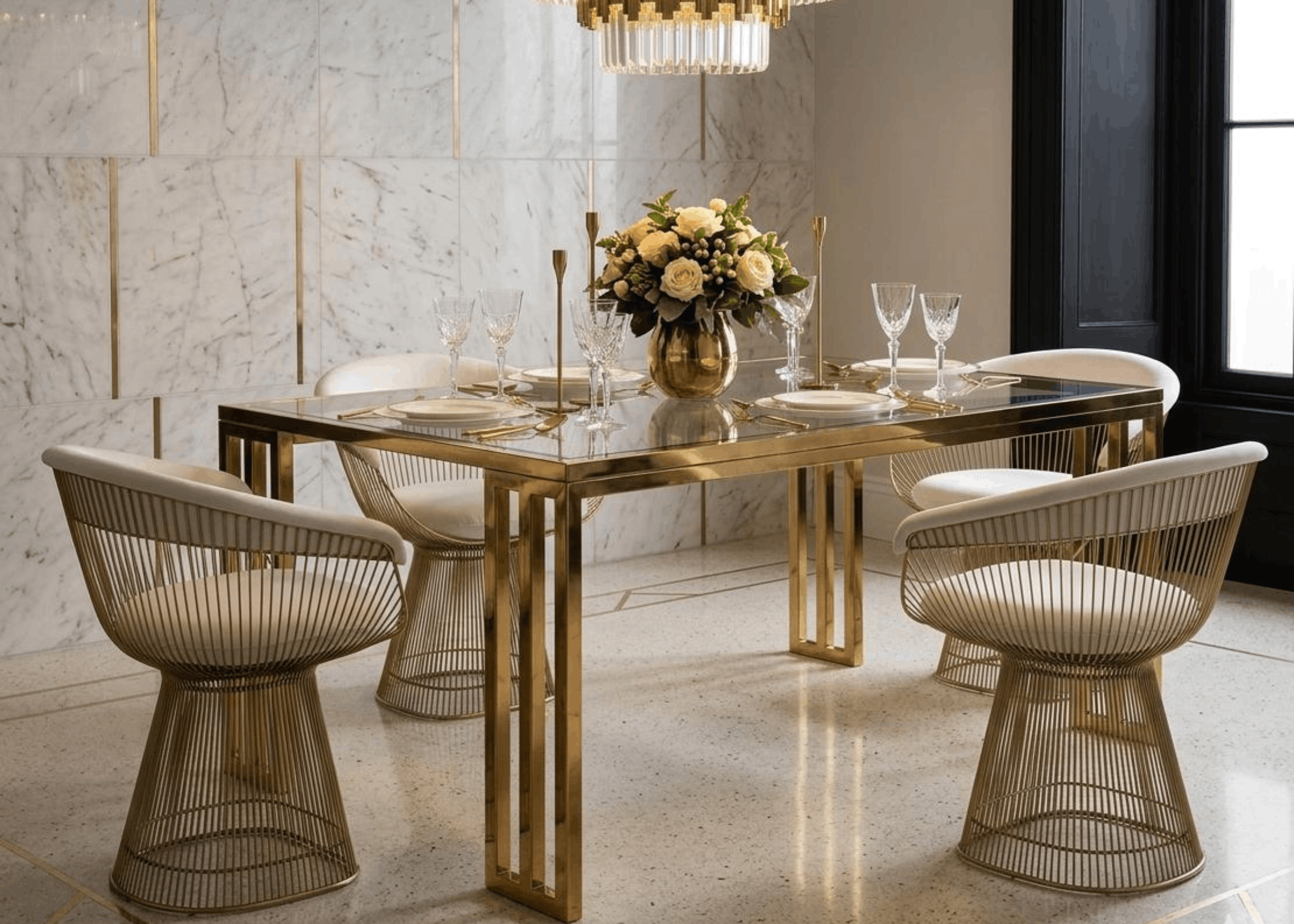 Mesa de jantar Européia com design elegante e acabamento refinado, ideal para compor salas de jantar sofisticadas e ambientes contemporâneos.