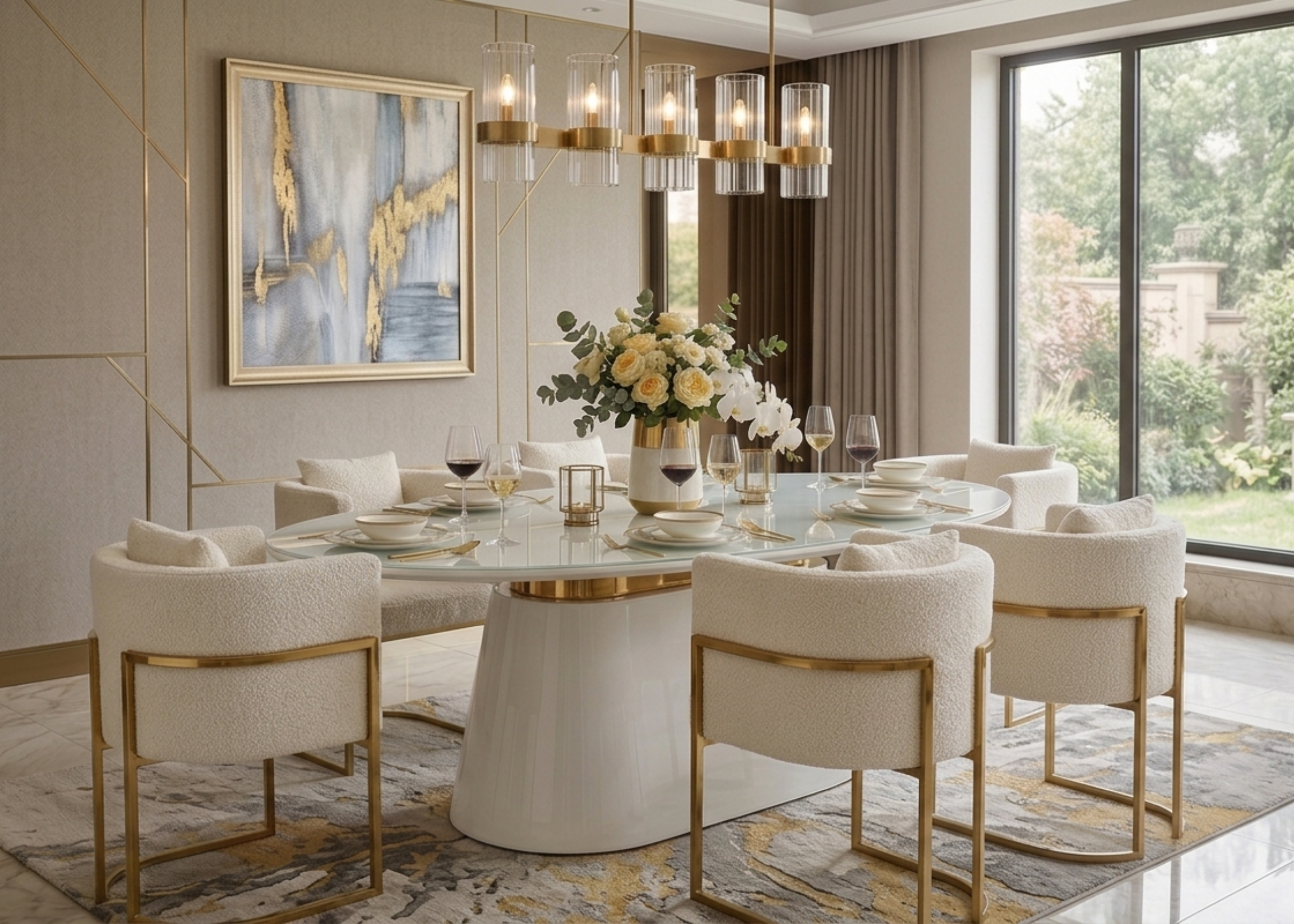 Detalhe da mesa Favo com acabamento refinado, vidro sobre MDF e estrutura com detalhes em aço inox.