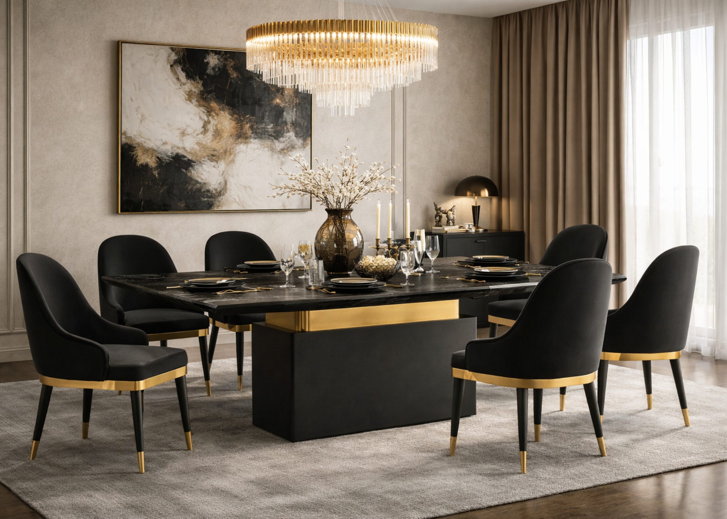 Mesa Favo Slim com linhas modernas e detalhe metálico em inox, perfeita para composições sofisticadas.