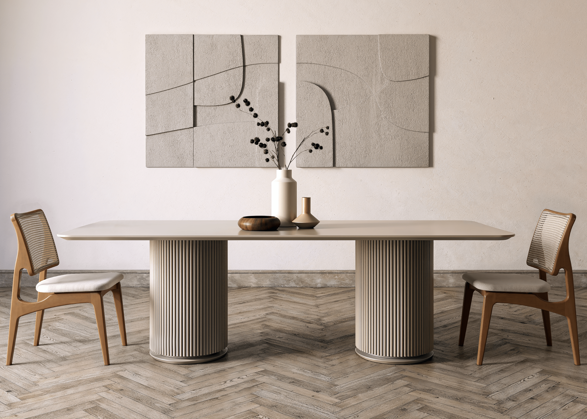 Ambiente sofisticado com a Mesa de Jantar Marga em destaque.