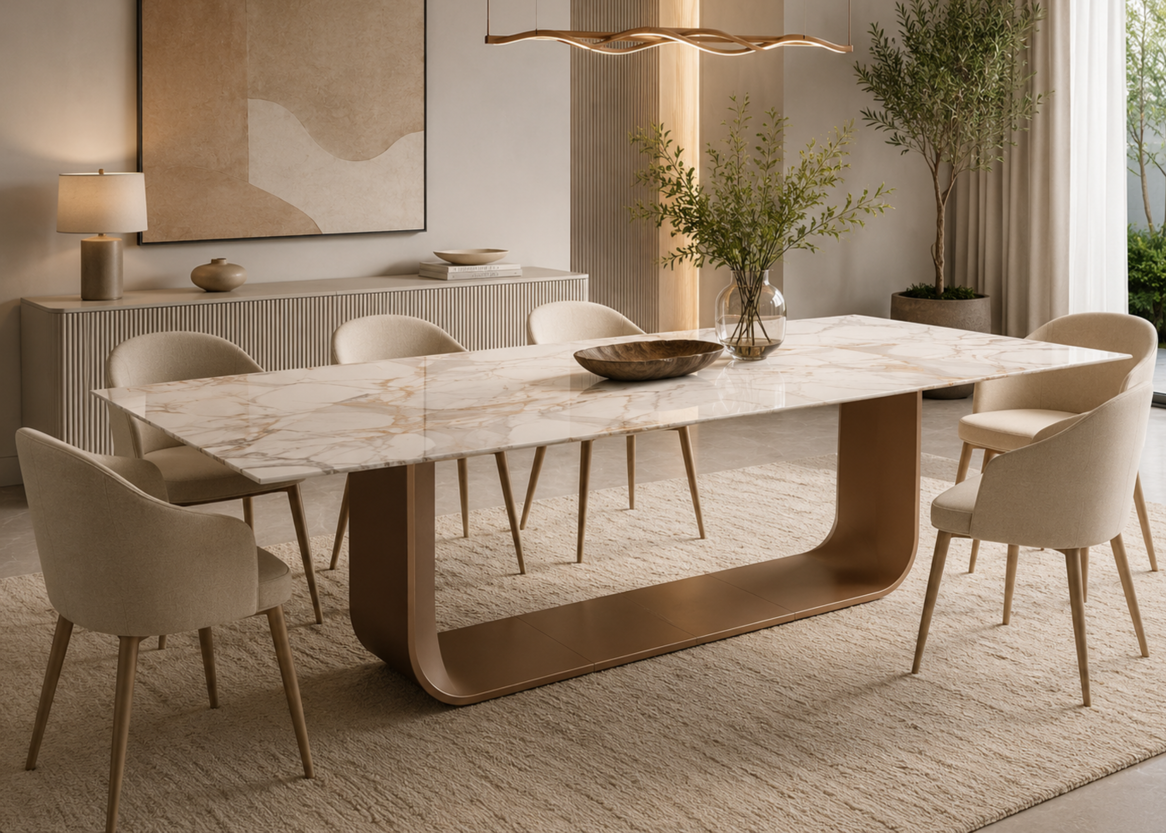 Mesa de jantar contemporânea Bell com pedra sinterizada de alta resistência e base curva de visual minimalista