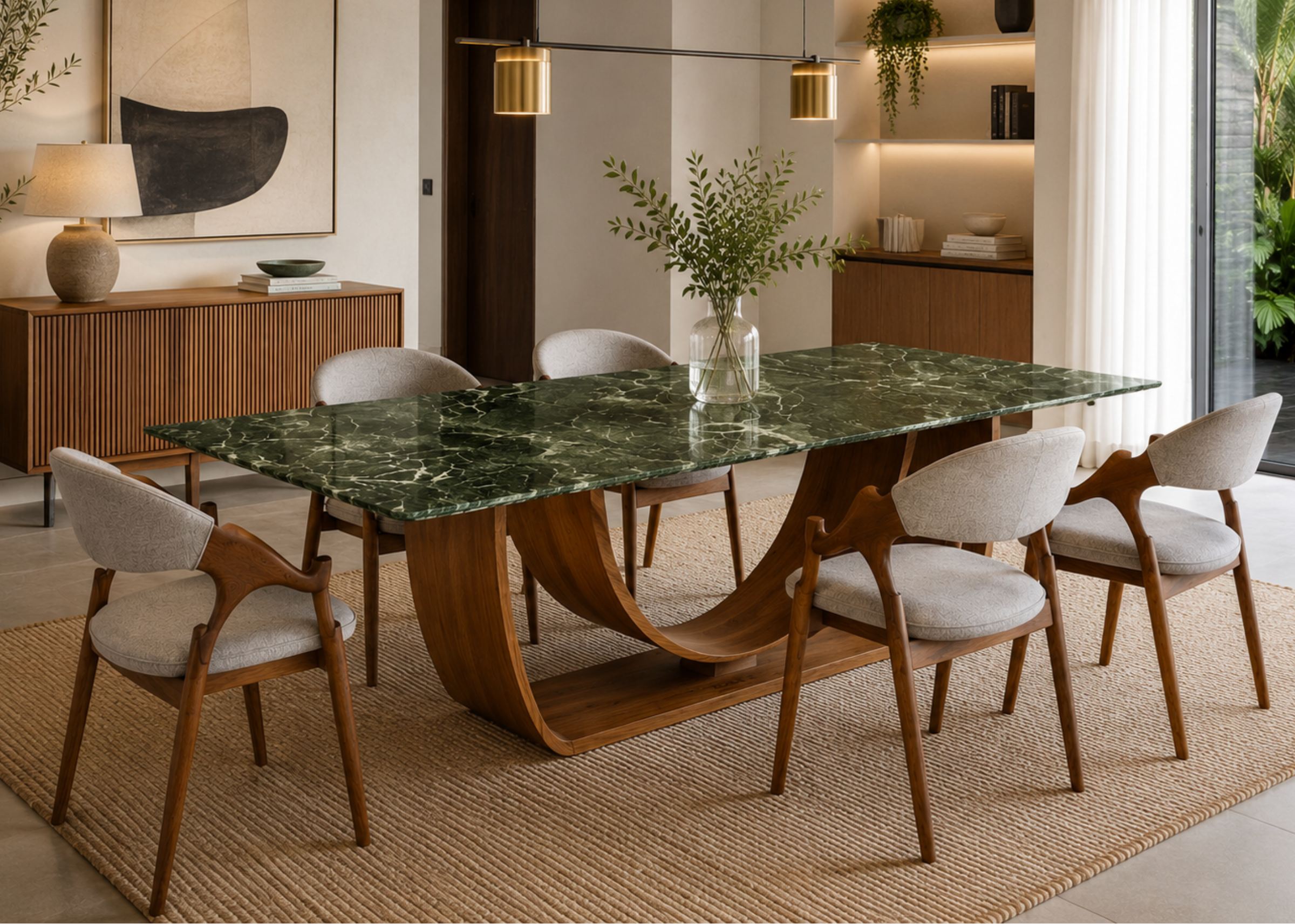 Mesa de jantar contemporânea Davi com tampo em pedra sinterizada e base curva sofisticada em madeira