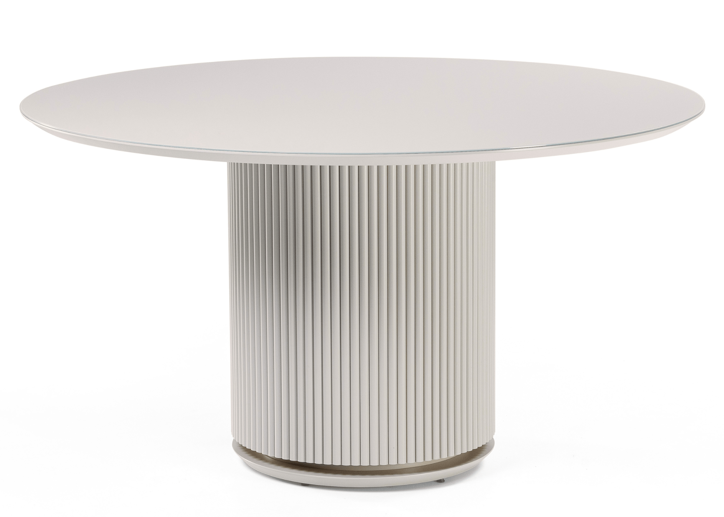 Mesa de Jantar Redonda Marga com tampo laqueado e vidro pintado com design moderno.