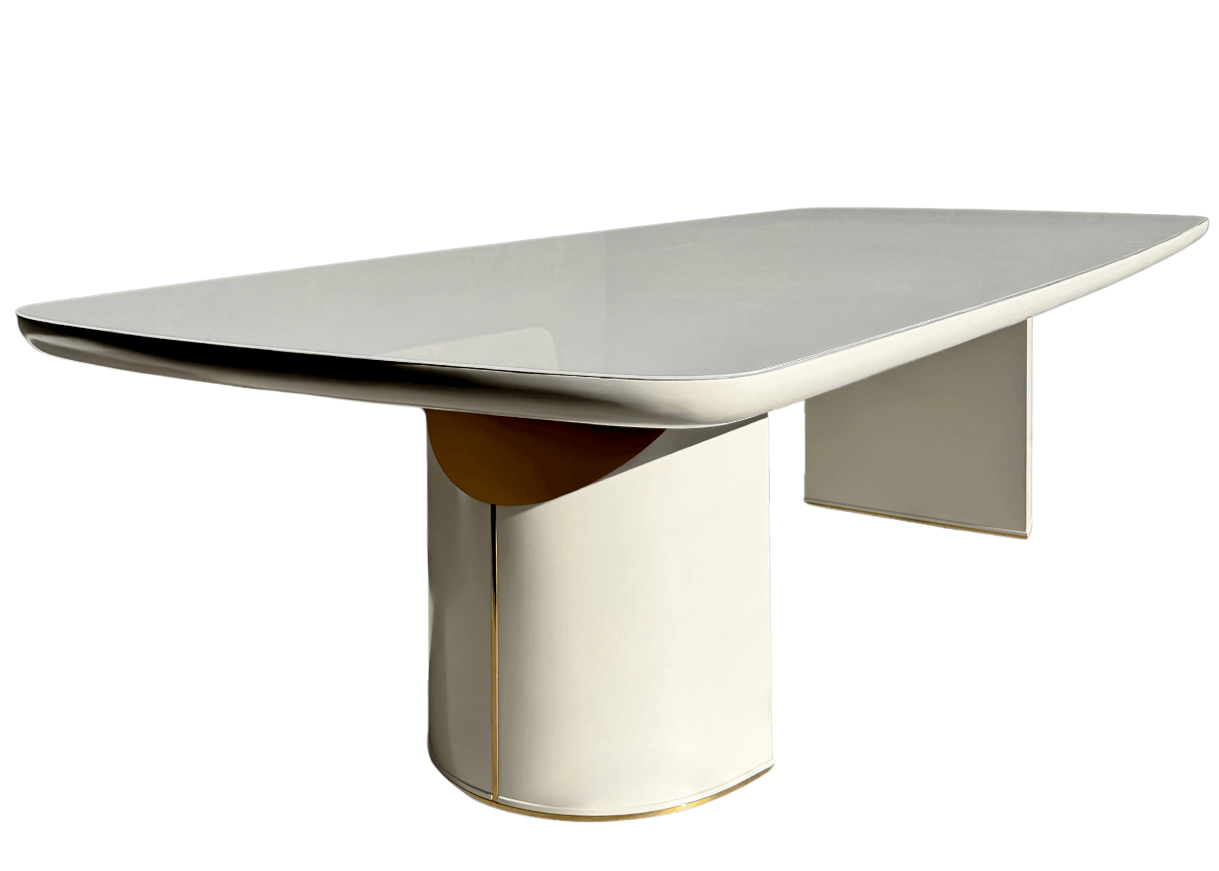 Mesa de Jantar Stein com tampo em lâmina de madeira e base elegante com detalhe em aço inox, móvel moderno para ambientes sofisticados.