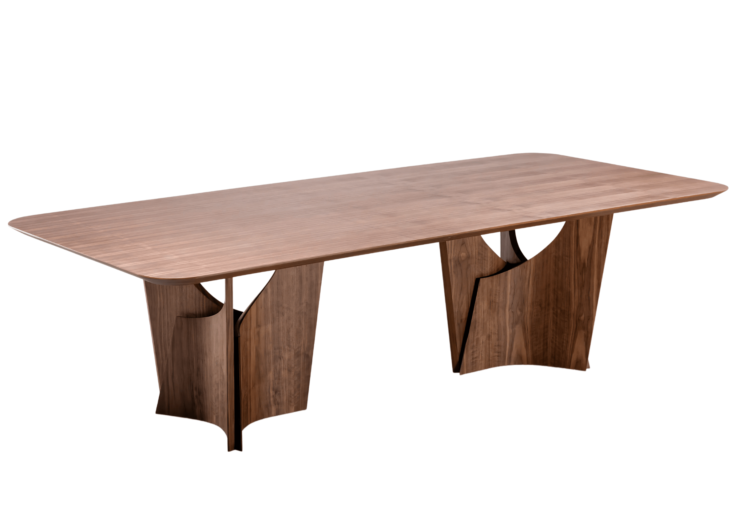 Mesa de Jantar Stone com tampo em lâmina de madeira e base escultural