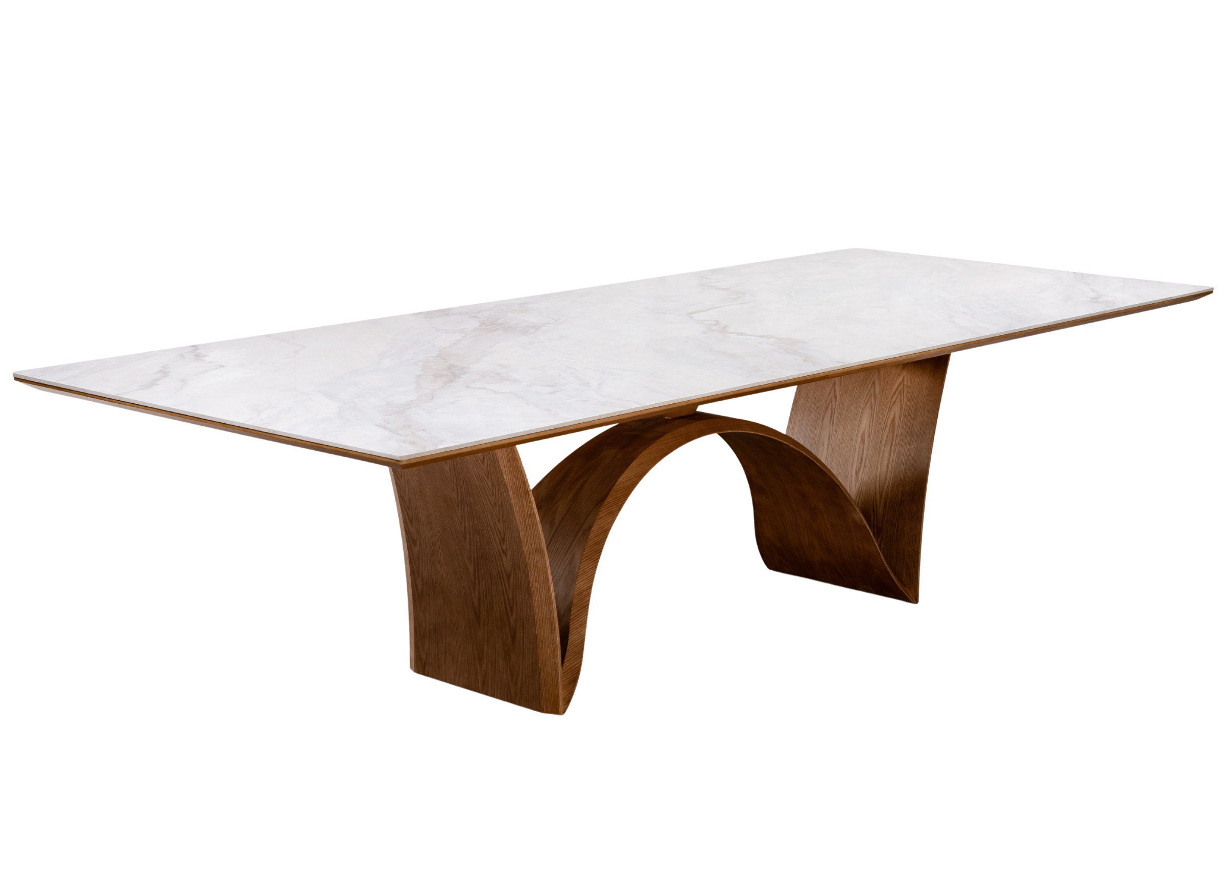 Mesa de Jantar Tesia com tampo em pedra sinterizada e base curva em madeira, design contemporâneo e sofisticado.