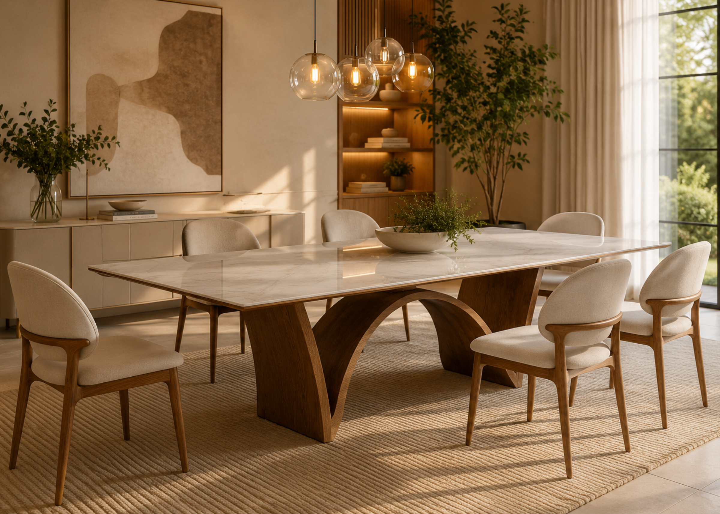Mesa de Jantar Tesia moderna com acabamento refinado, estrutura robusta e tampo inspirado em texturas naturais da pedra.