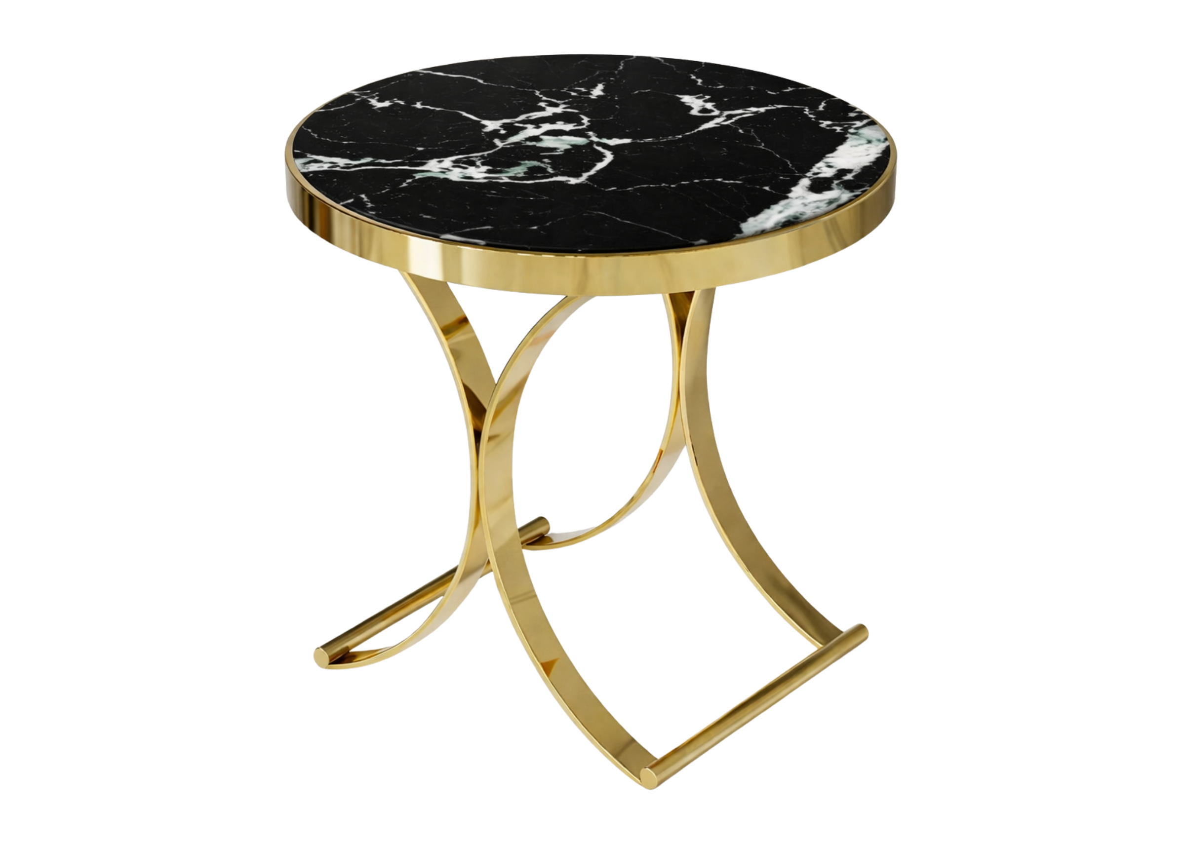 Visão lateral da Mesa Lateral Européia, mostrando uma combinação harmoniosa entre a base em aço inox e o tampo de vidro marmorizado.