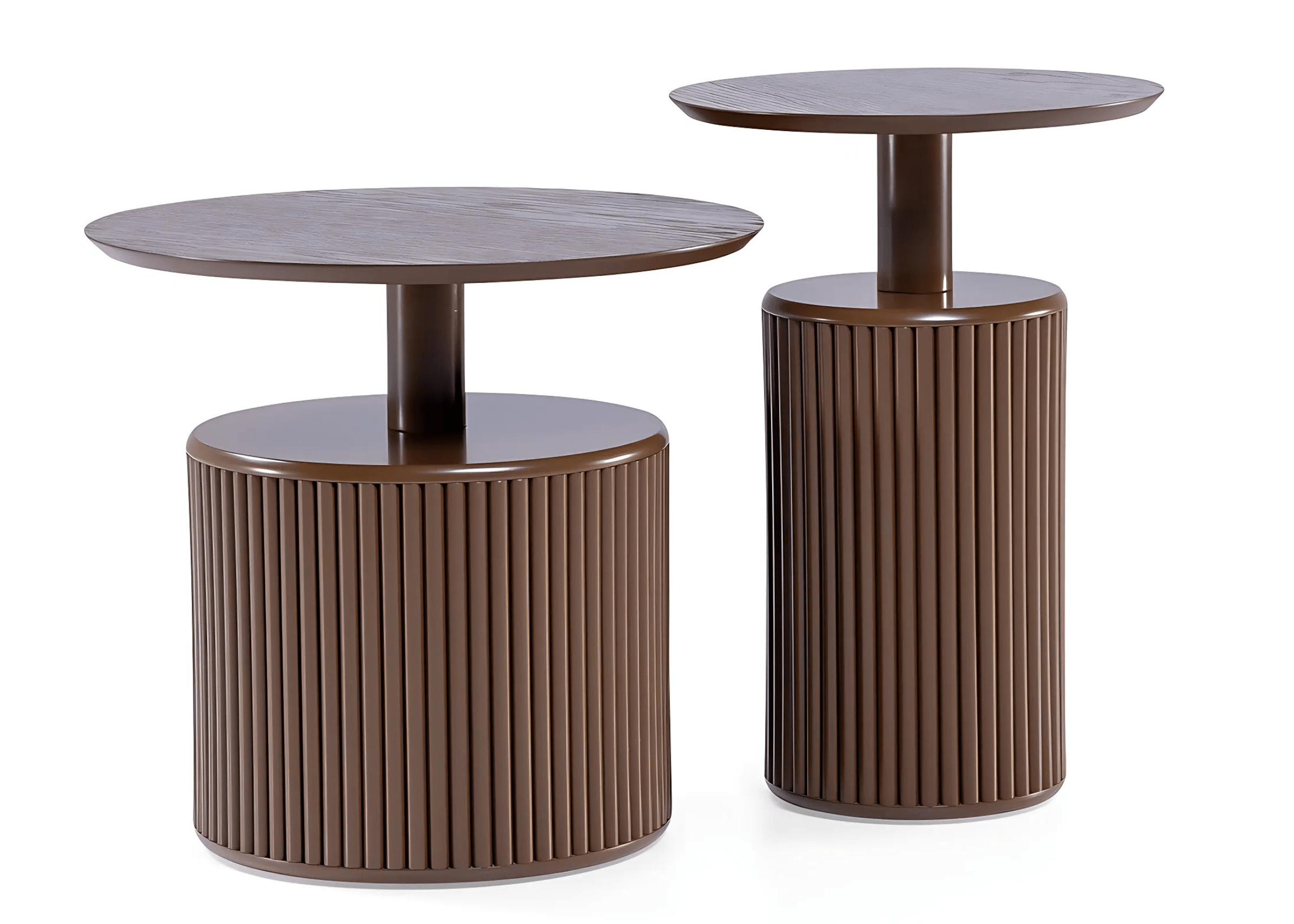 Mesa Lateral Magna com tampo de madeira e base ripada laqueada detalhe da base laqueada ripada.