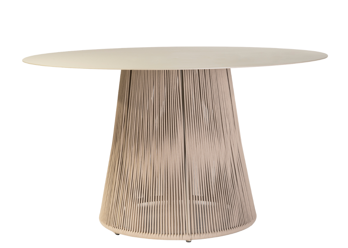 Mesa Ralph para área externa com base em alumínio revestida em corda náutica e tampo em alumínio de design contemporâneo.
