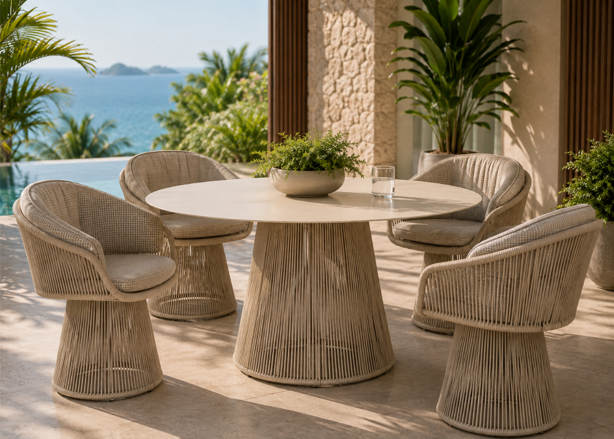 Mesa Ralph para varanda e jardim com base em alumínio revestida em corda náutica e acabamento elegante resistente às intempéries.