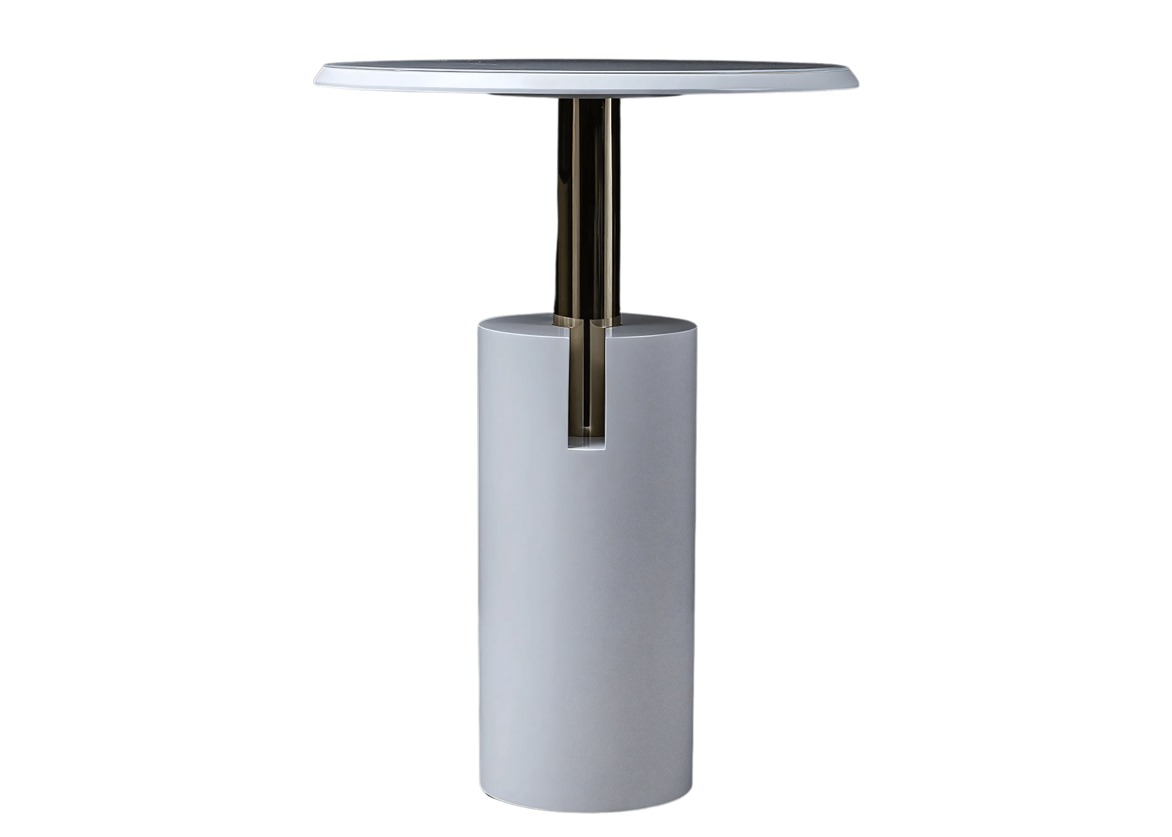 Mesa Bistrô Theodoro com base cilíndrica e detalhe em aço inox.