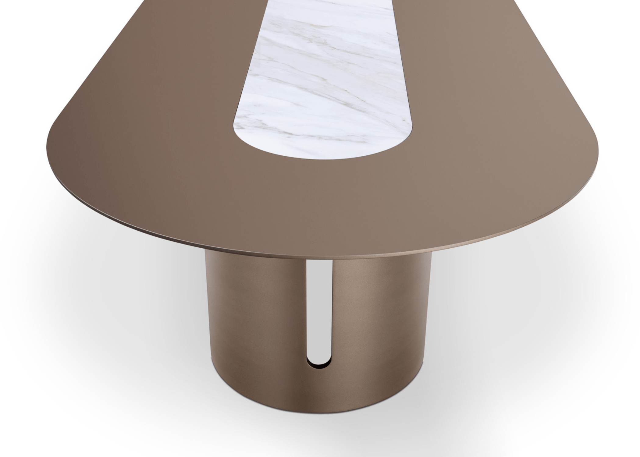 Detalhe do design sofisticado da mesa Duck I com tampo oval.