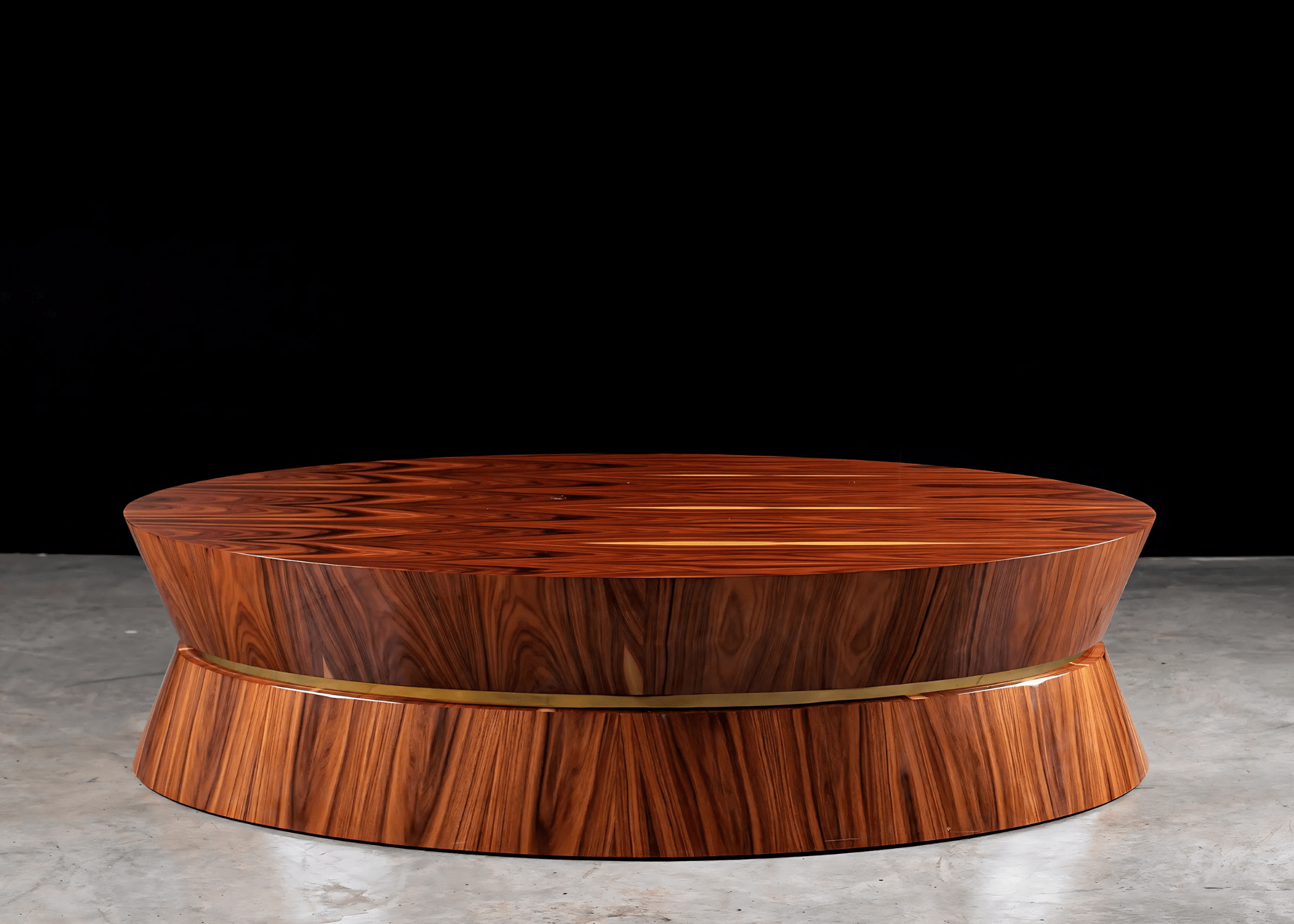 Detalhe da Mesa de Centro Ambar em madeira com friso metálico.