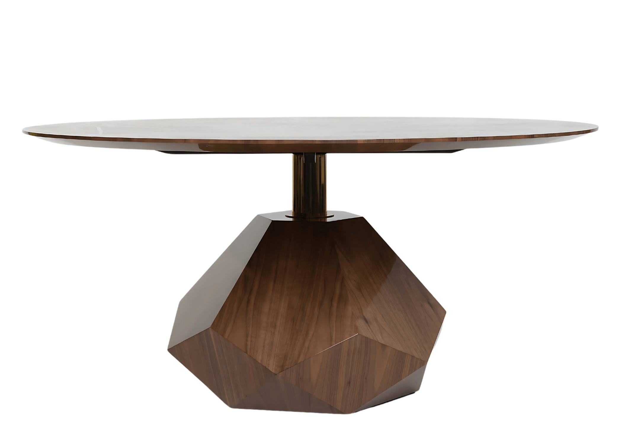 Mesa de Jantar Ambar com base facetada e tampo redondo em madeira.