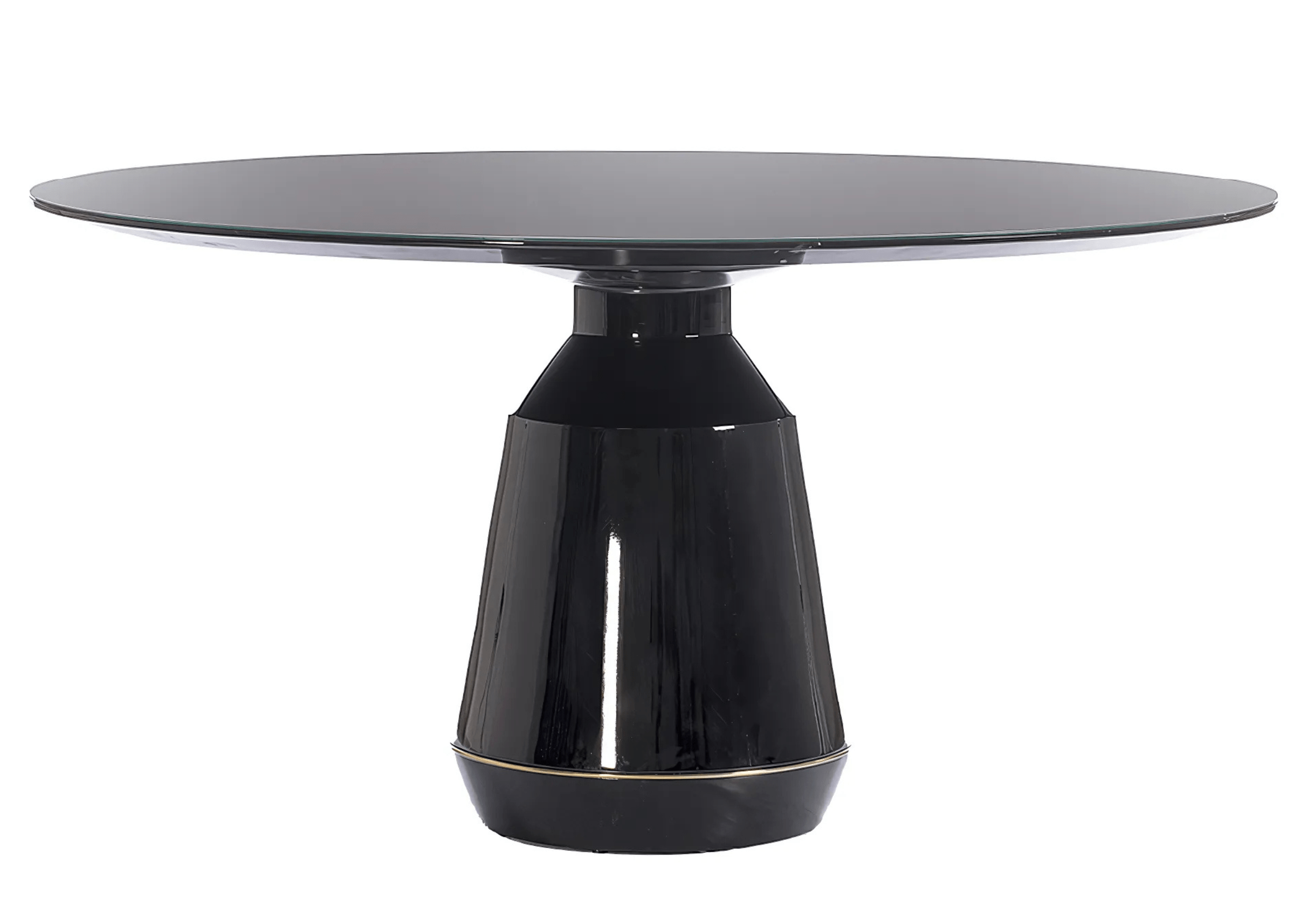 Mesa de Jantar Luci com tampo de vidro redondo e base preta com detalhes em aço dourado