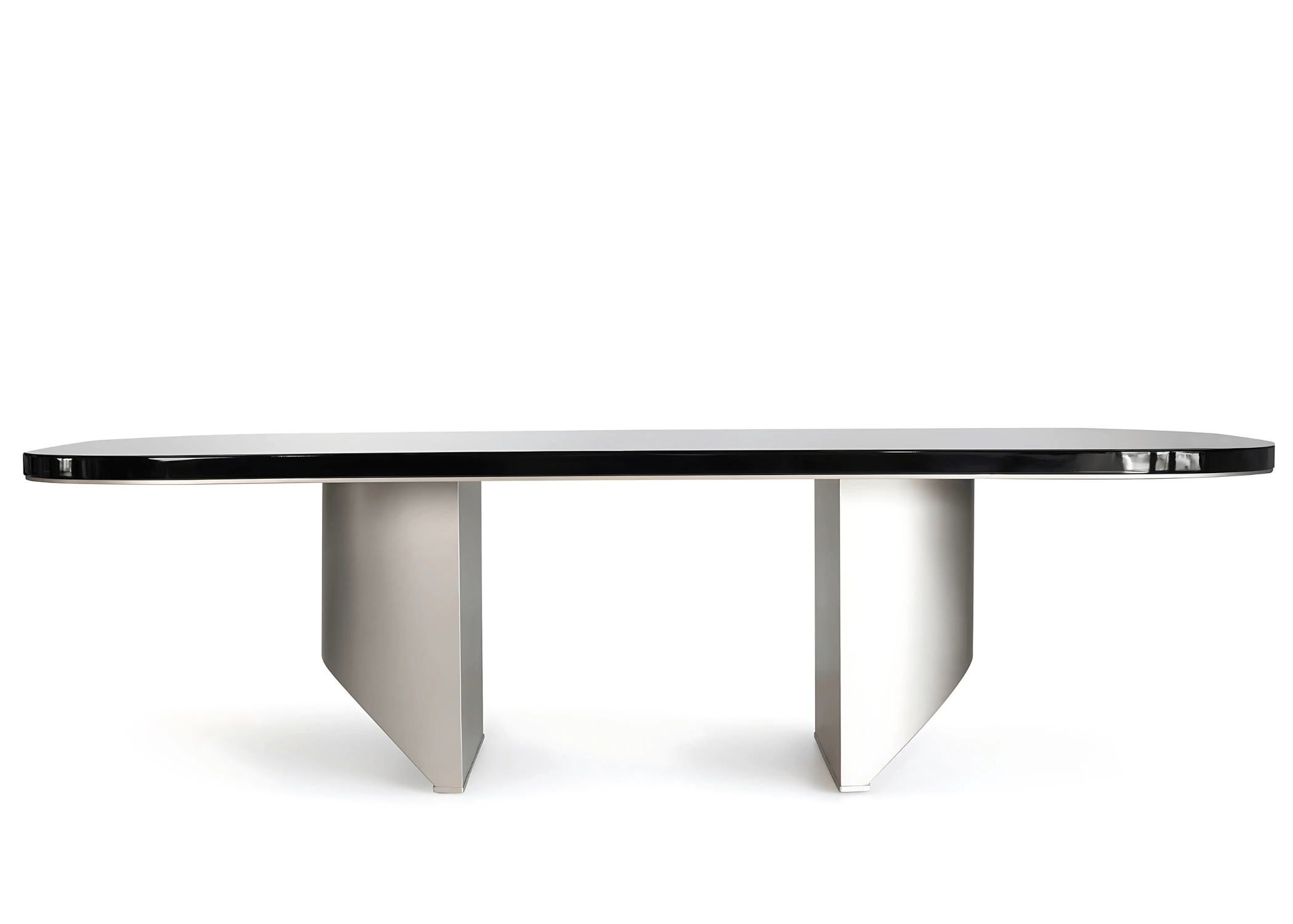 Mesa de Jantar Medelin com tampo brilhante e base geométrica sofisticada.