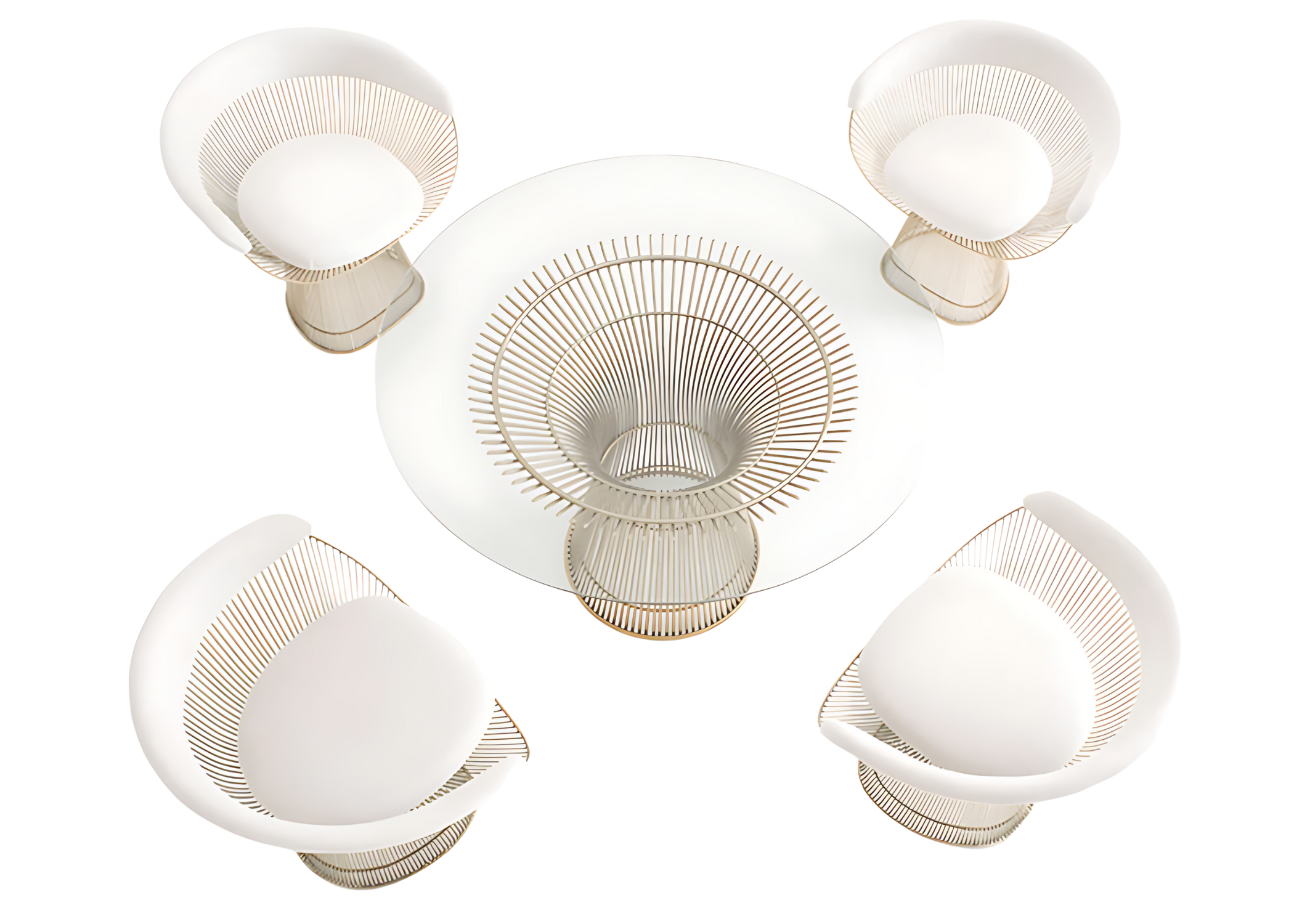 Detalhe do tampo em vidro de 8mm da mesa de jantar Platner, refletindo a luz ambiente e mostrando sua superfície brilhante.