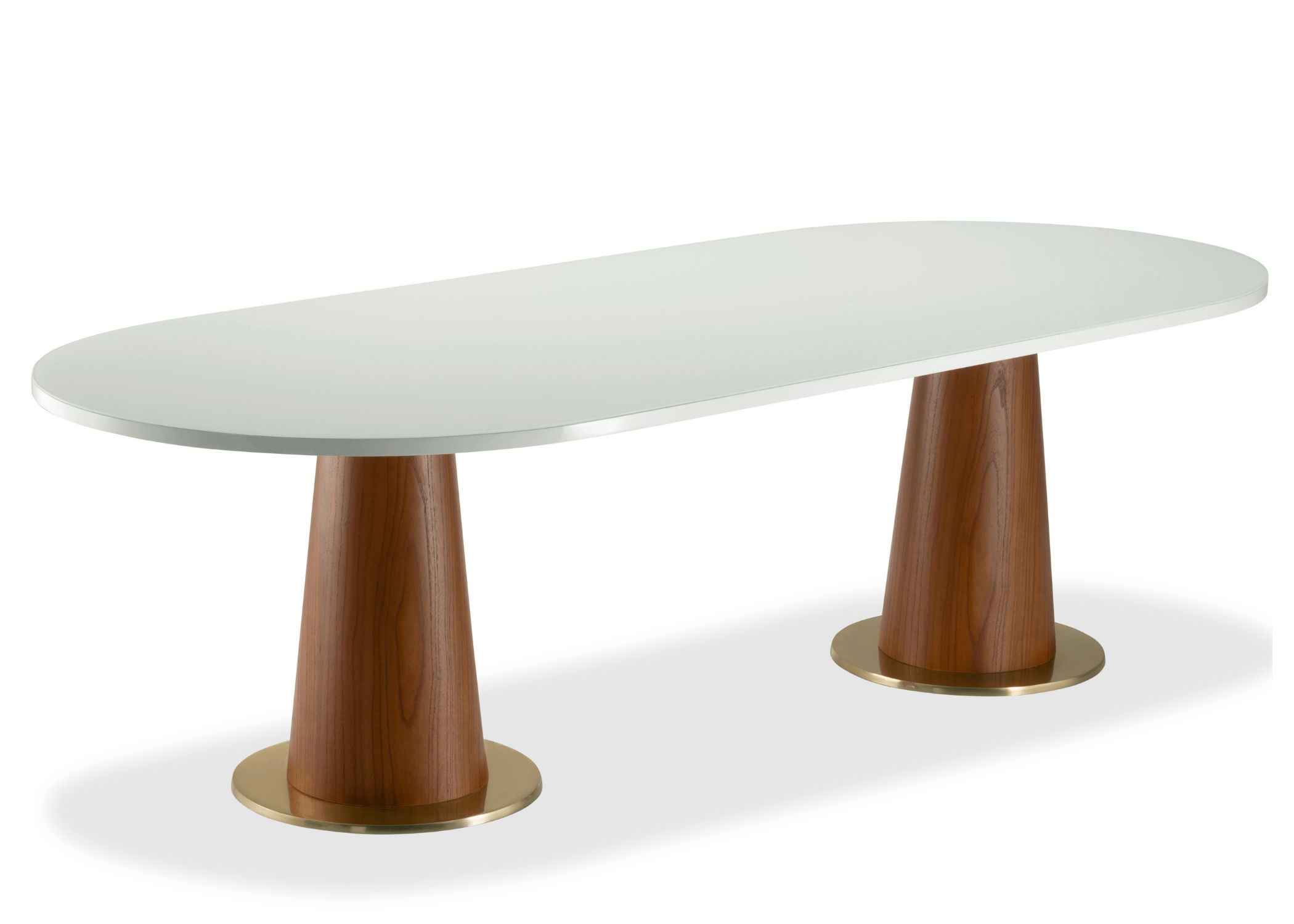 Detalhe da base artística da mesa de jantar Sidney, destacando os detalhes intrincados em lâmina de madeira nogueira e alumínio pintado.