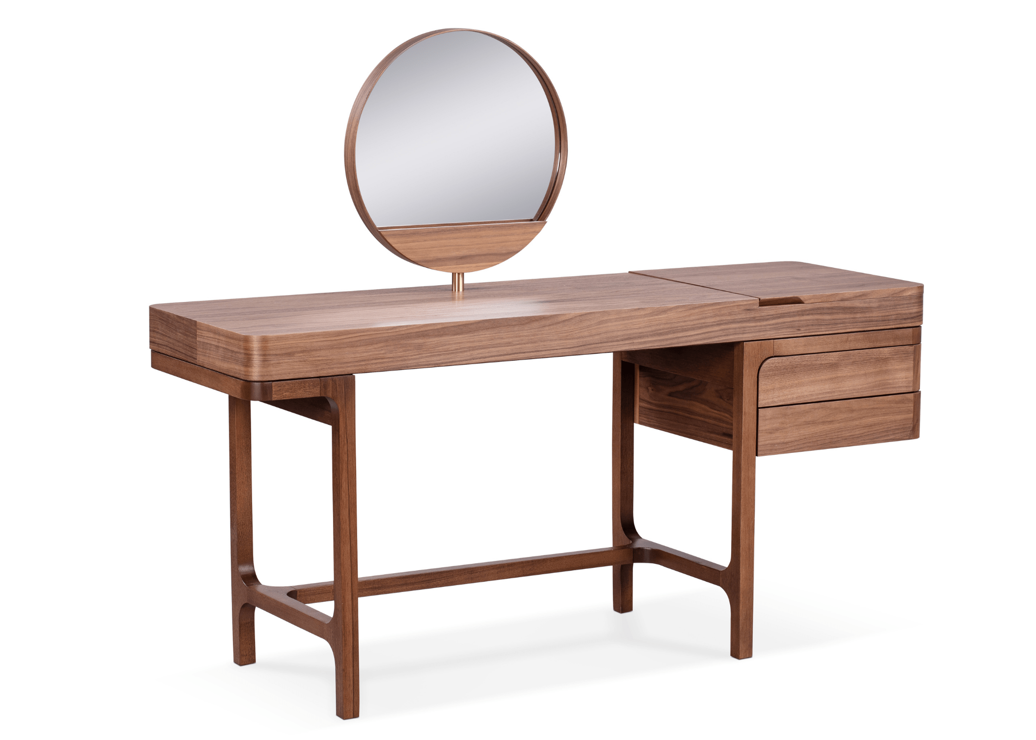 Espelho redondo e detalhes em couro: a sofisticação da penteadeira Arthemis.