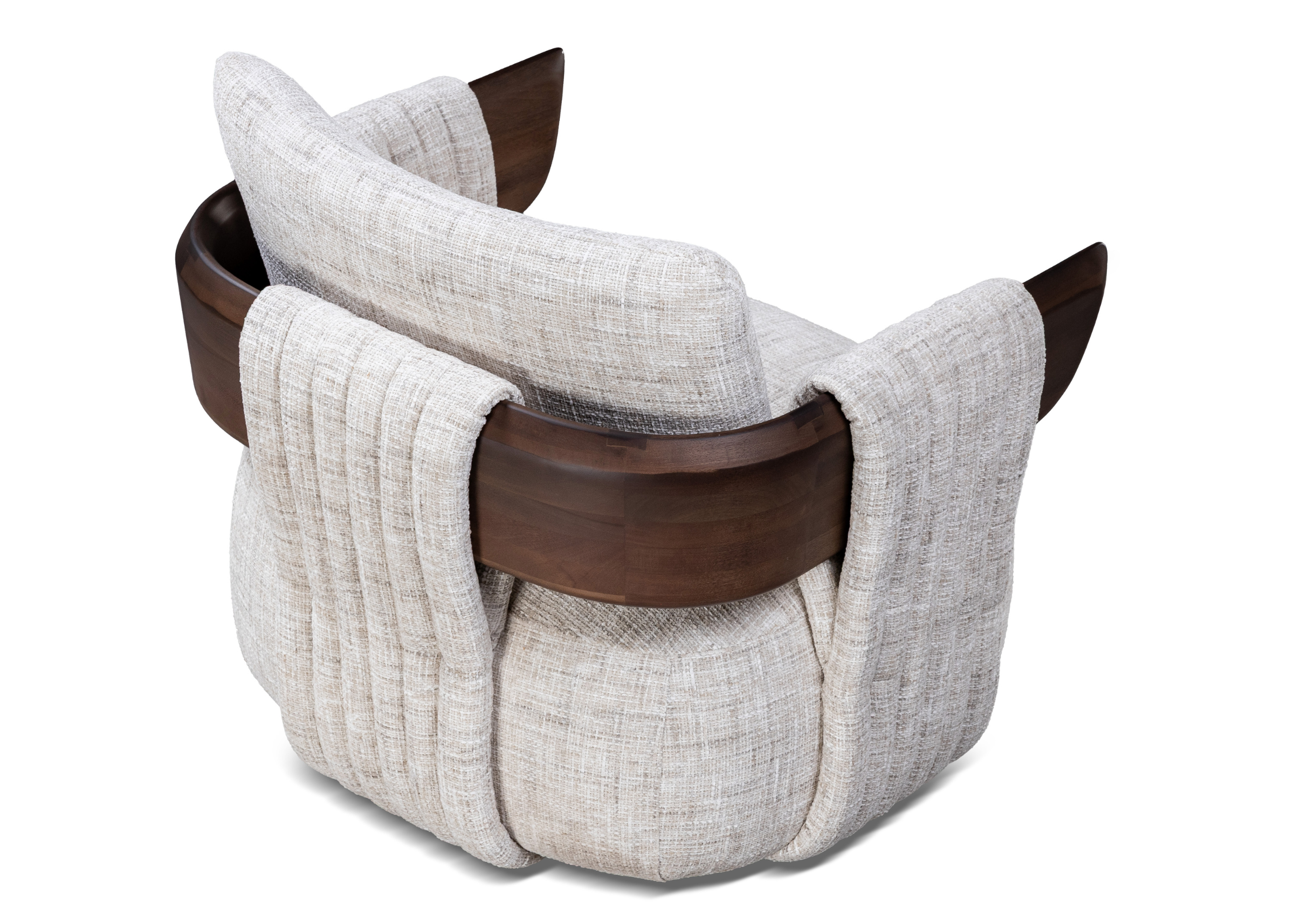 Poltrona Atlas com design orgânico e estrutura em MDF laqueado ou lâmina de madeira, ideal para ambientes contemporâneos.
