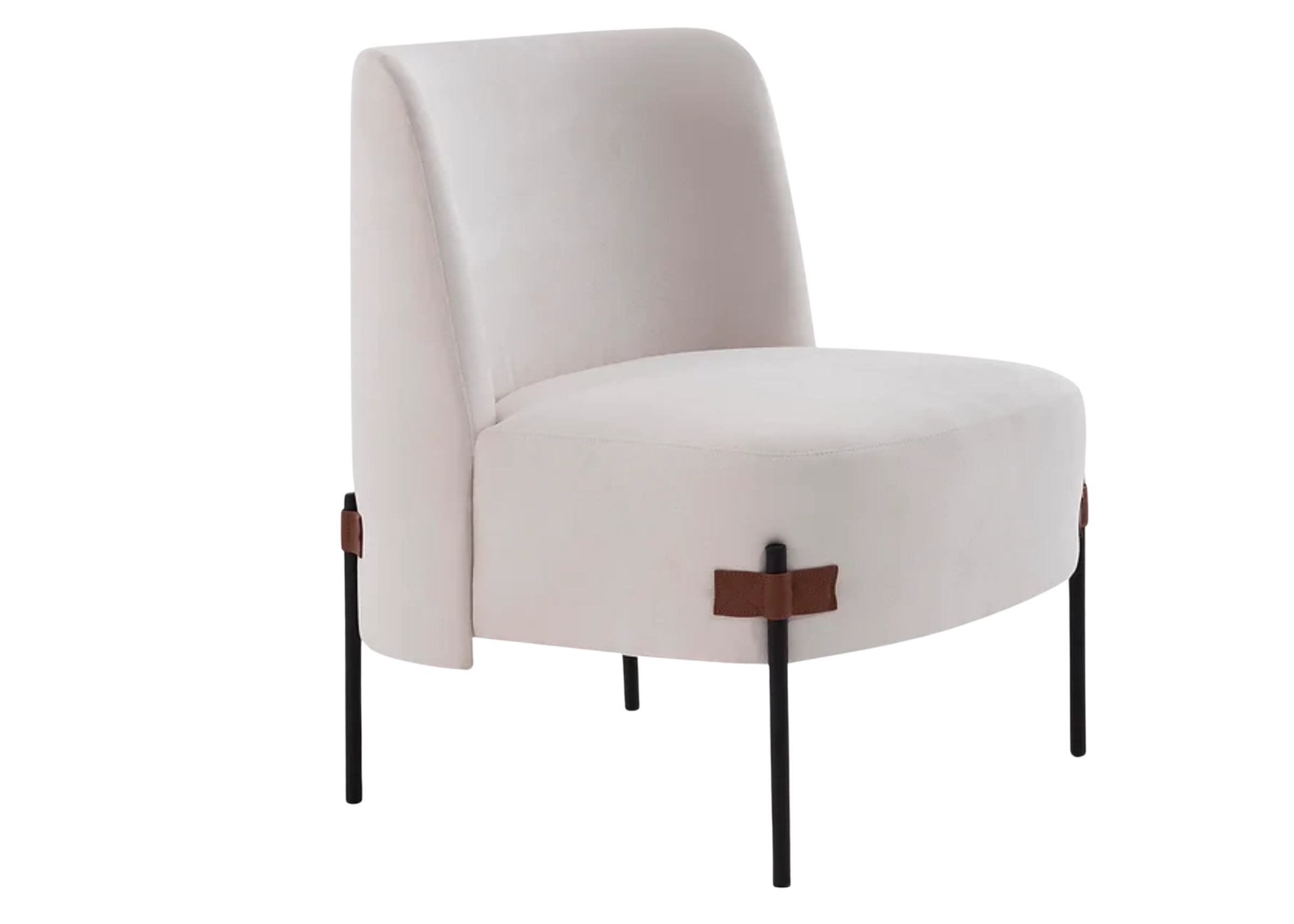 Poltrona Bea com base em aço carbono e estofamento sofisticado, ideal para ambientes contemporâneos e elegantes.