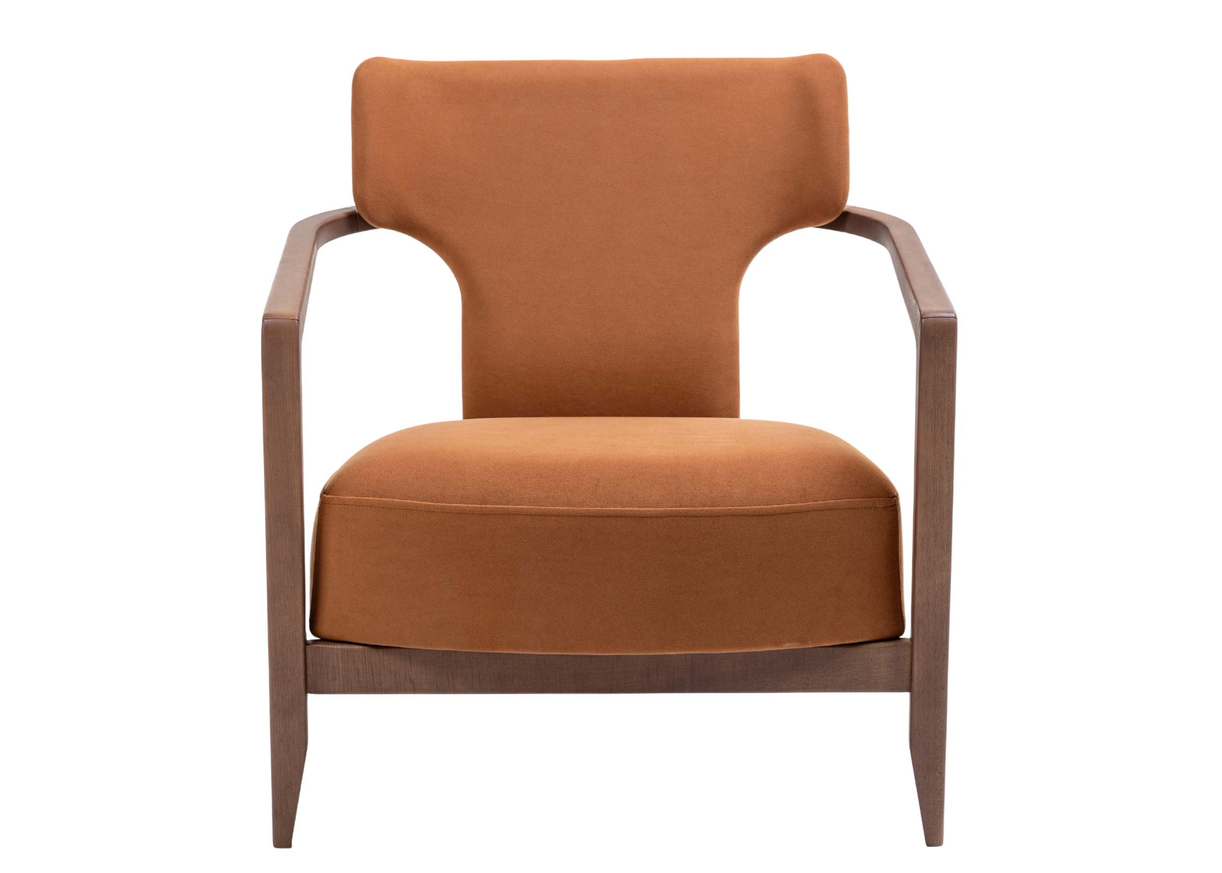 Poltrona Cylen de design contemporâneo com braços em madeira aparente e encosto ergonômico estofado.
