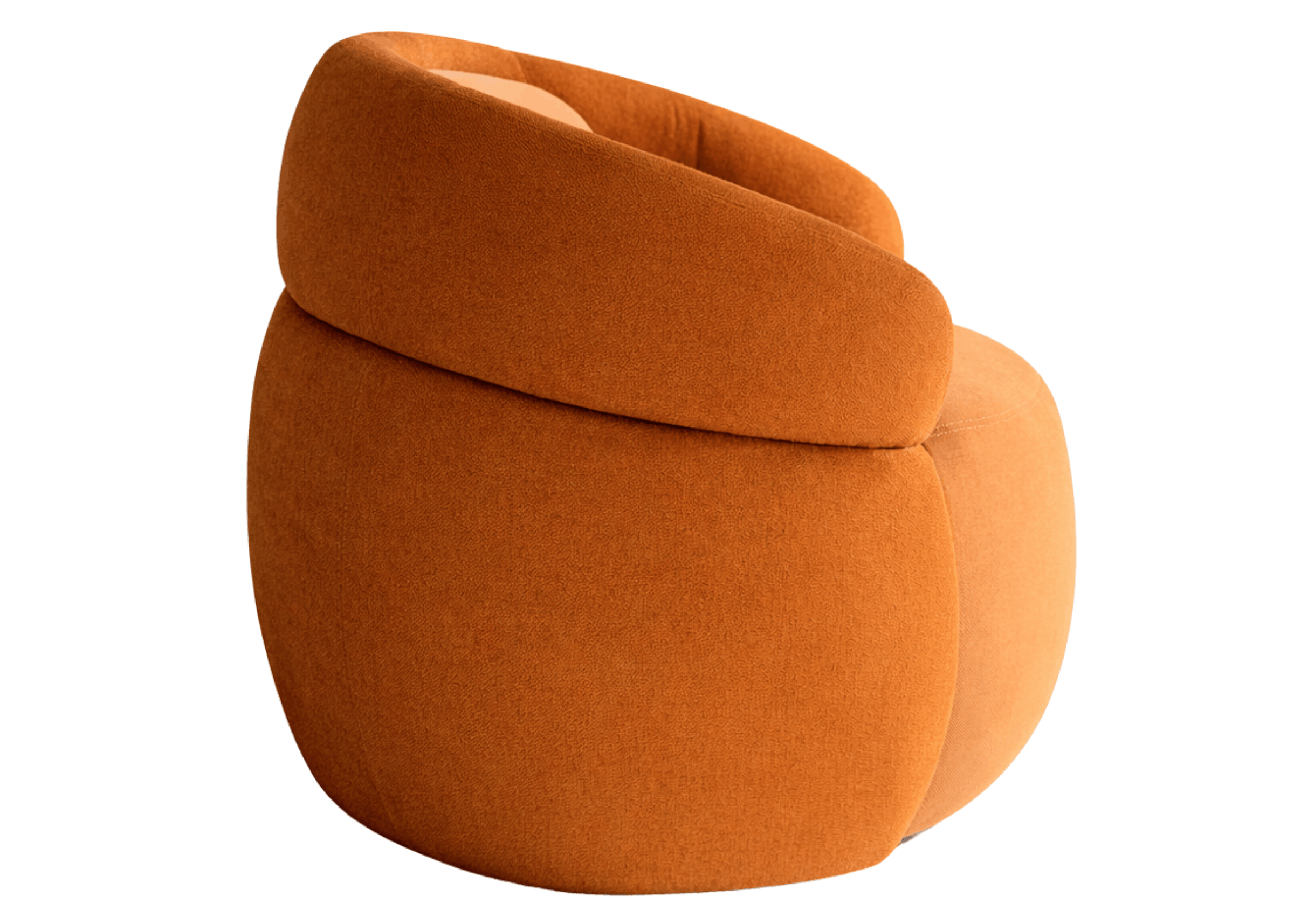 Poltrona Giratória Luci com encosto envolvente e braços integrados, estofamento macio e linhas orgânicas que destacam o design contemporâneo.