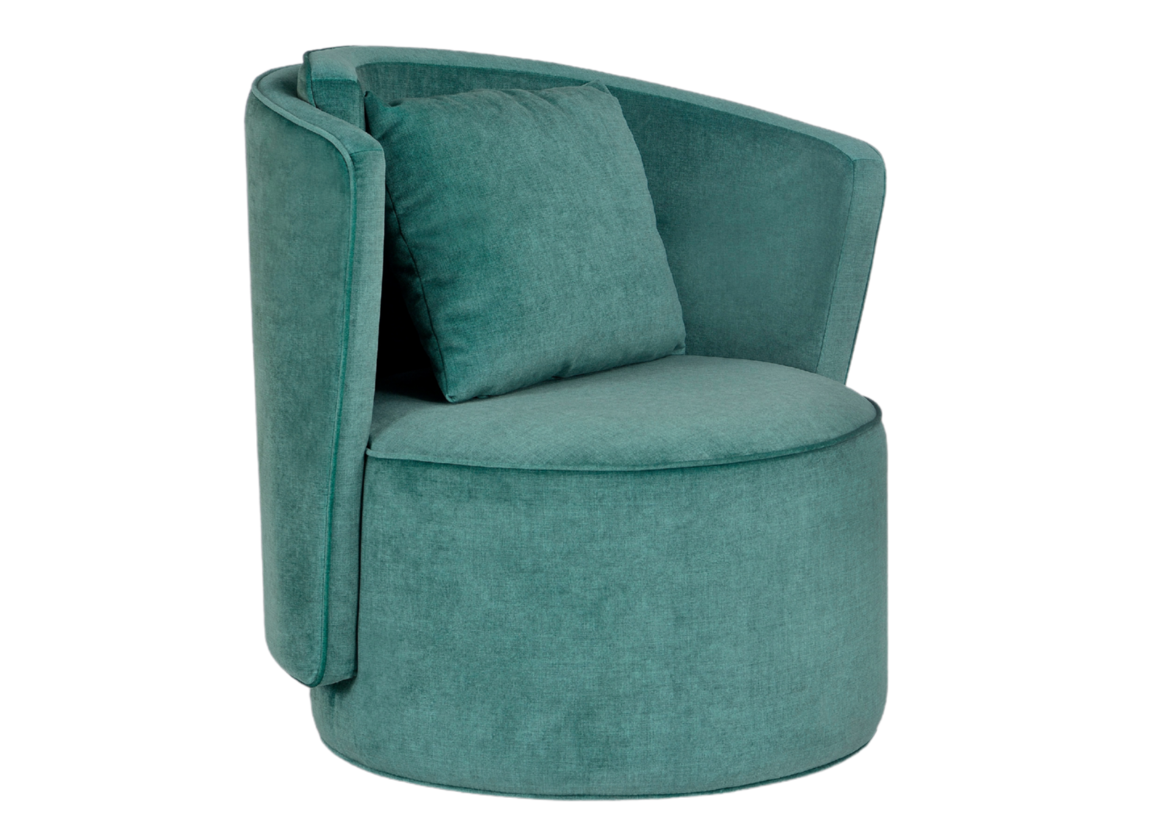 Poltrona Giratória Nysa com design arredondado, base giratória e estofamento sofisticado para ambientes contemporâneos.