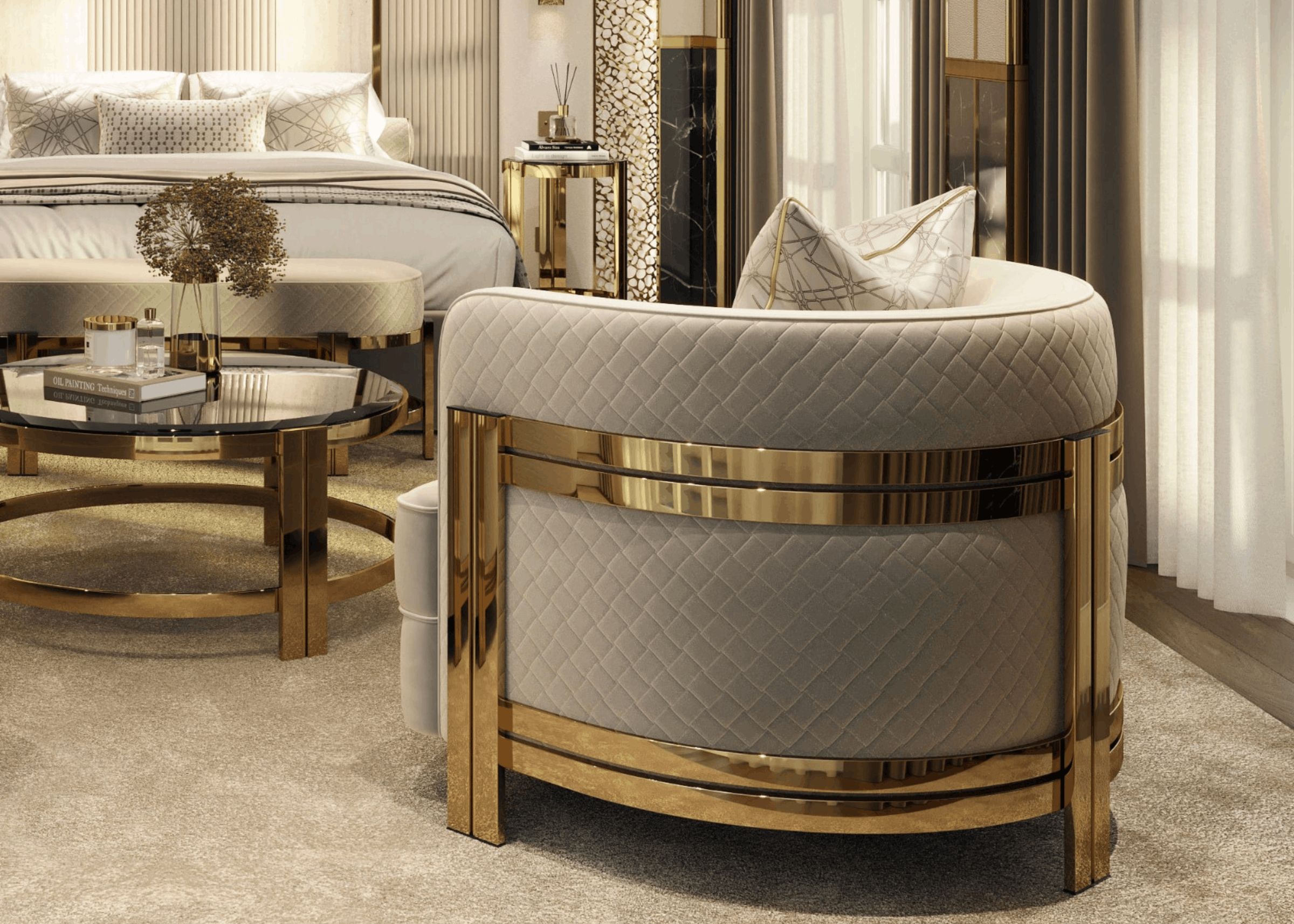 Poltrona Juliett com base em inox e assento estofado, peça sofisticada que une conforto e durabilidade em ambientes modernos.