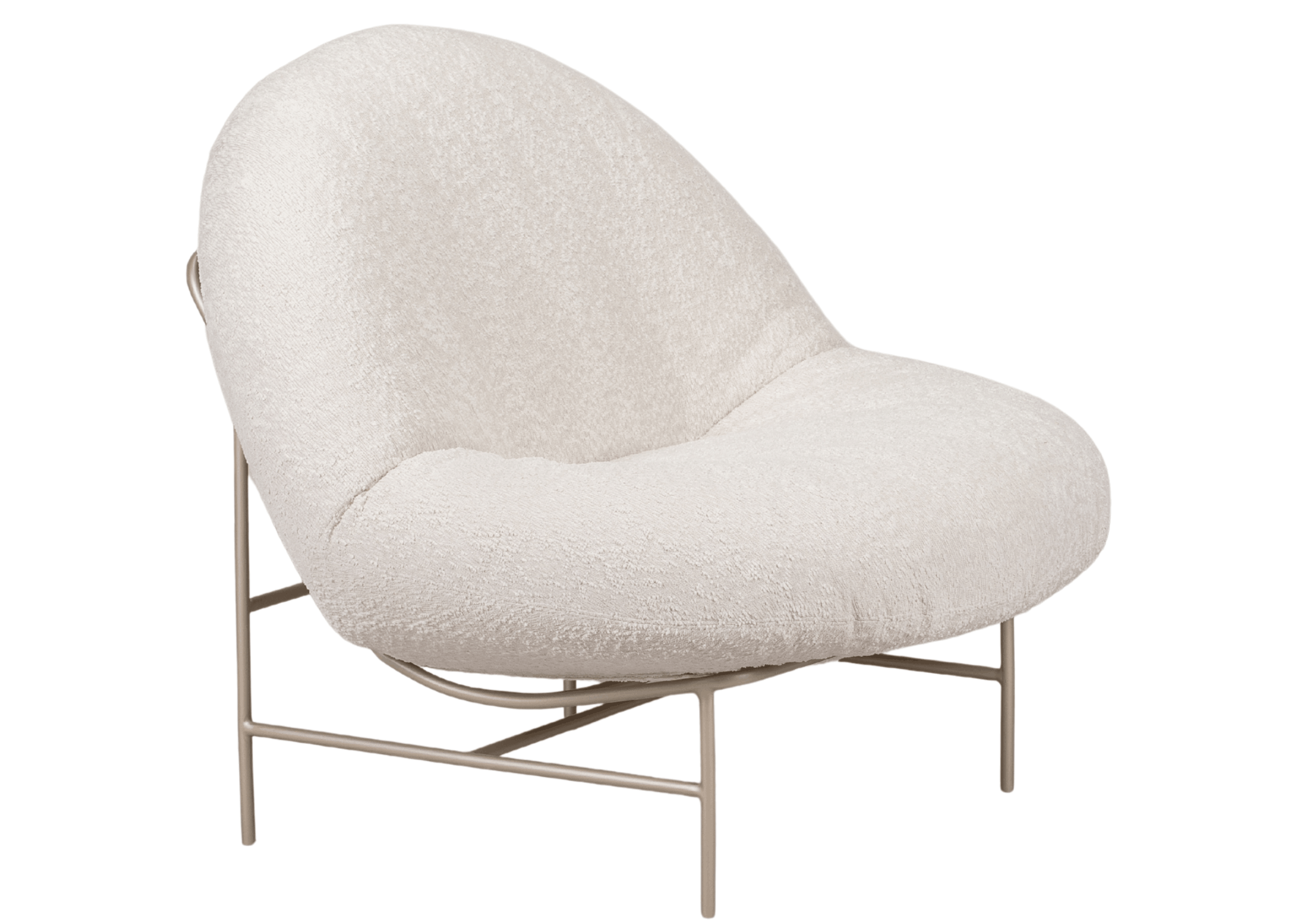 Poltrona Peter com estofado em bouclé bege e base em aço carbono, design curvo e moderno para sala de estar contemporânea.