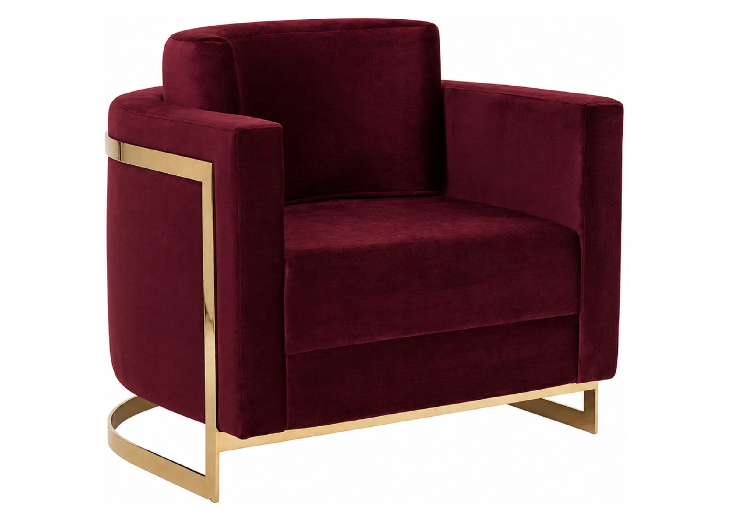 Poltrona Volpi com estrutura em aço inox e design luxuoso, vista sobre fundo neutro. Móvel sofisticado e contemporâneo, ideal para compor salas de estar elegantes ou ambientes corporativos refinados.