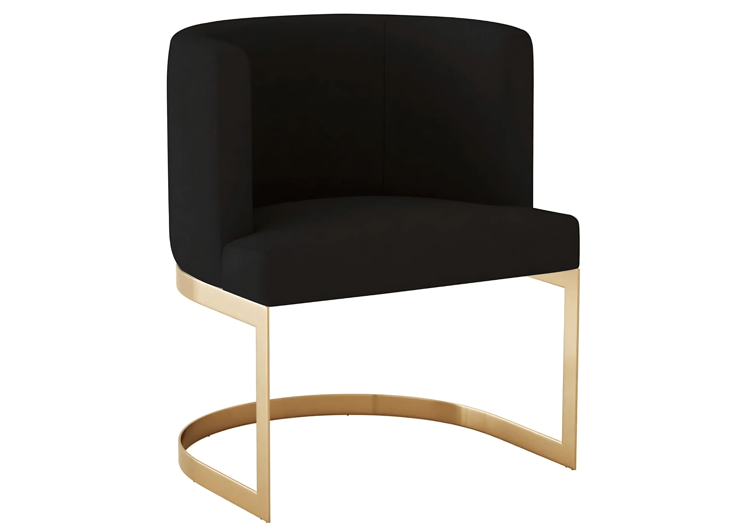 Poltrona Gregori moderna e sofisticada com base curva em aço inox e encosto estofado, perfeita para adicionar conforto e estilo ao seu espaço.