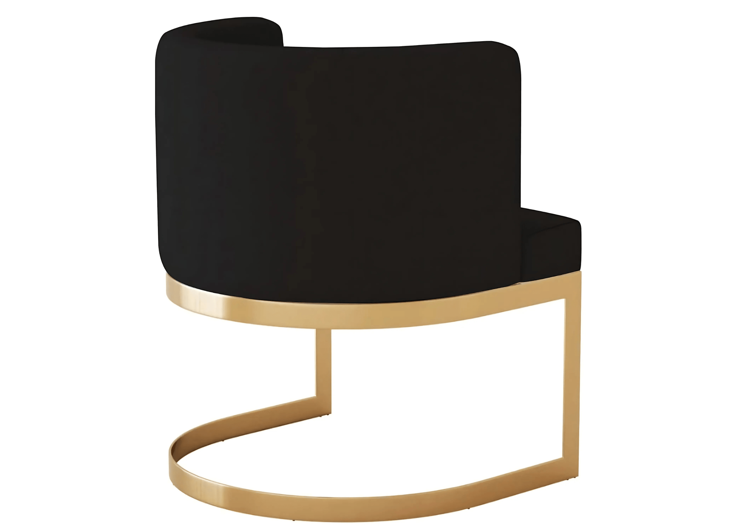 Design elegante da Poltrona Gregori, destacando sua base em aço inox e encosto curvado estofado, ideal para compor uma sala de jantar com personalidade.