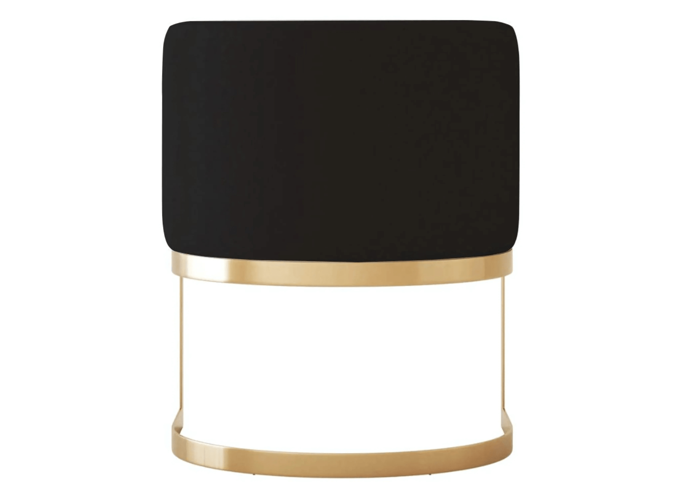 Design elegante da Poltrona Gregori, destacando sua base em aço inox e encosto curvado estofado, ideal para compor uma sala de jantar com personalidade.